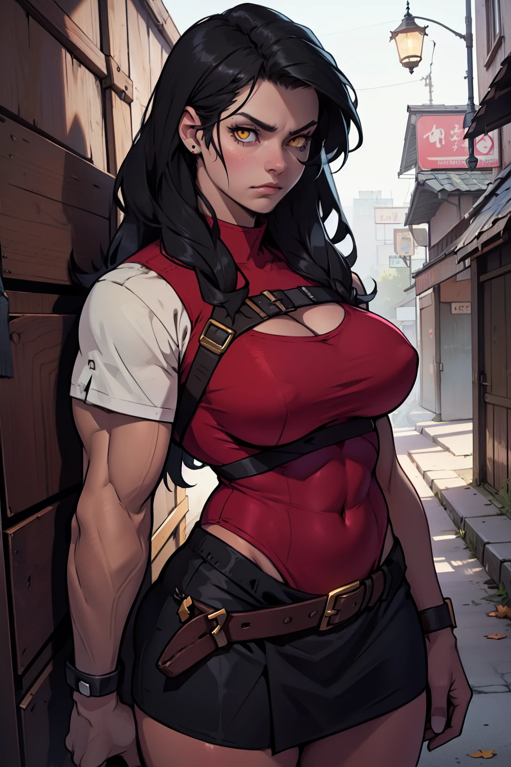 sad girl muscular girl large breasts yellow eyes black hair dressed as a viking