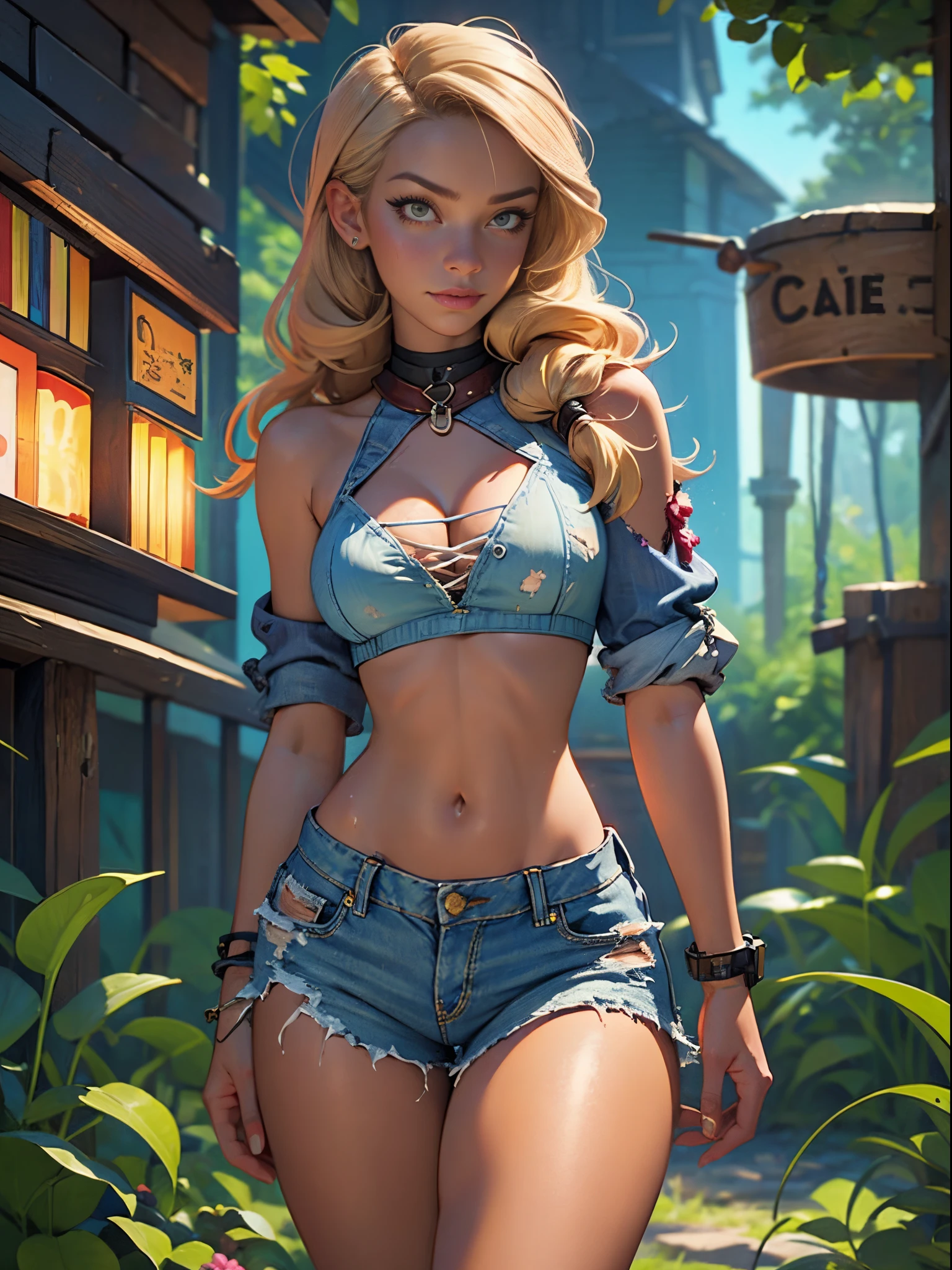 2076 year. The  Ruins of the Wasteland, Female huntress picking fruit in the garden, beautiful face, blonde, badly torn shirt and denim shorts ,  long legs, sweating through, sun rising, Nice warm colors, head to toe, full body shot, pretty hands, perfect fingers,