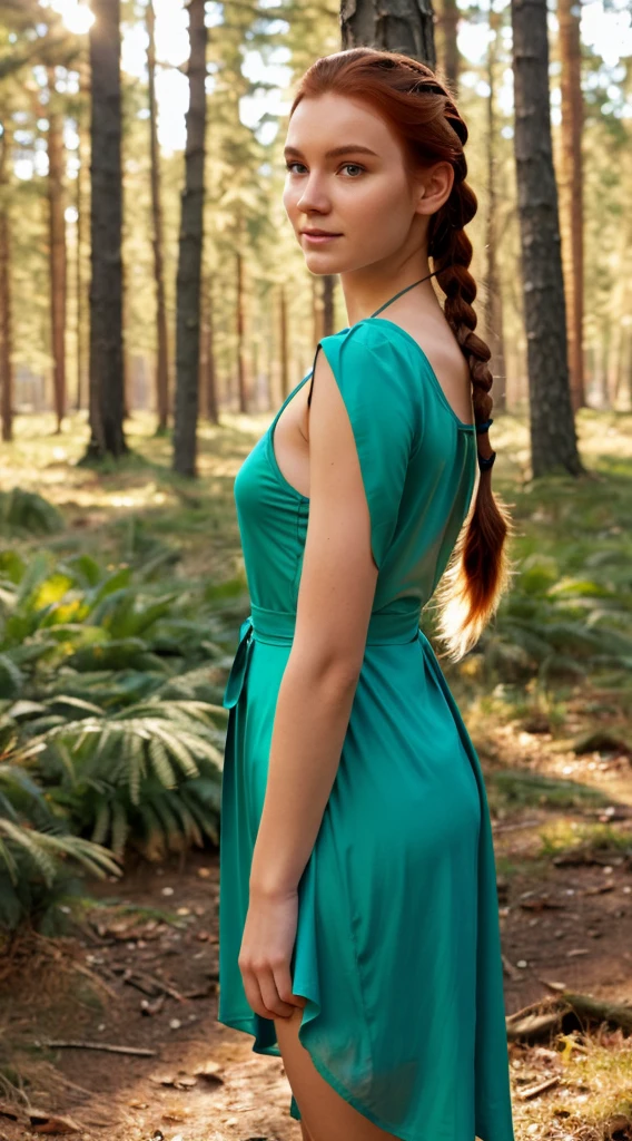 RAW, professional photograph, medium shot, photorealistic, realistic lights, realistic shadows, hyper-realistic, ray tracing, super detail, UHD, 8k, female, twenty years old, athletic body, soft facial features, long braided hair, viking hairstyle, straight hair, crimson hair, crimson eyes, viking dress, forest in winter