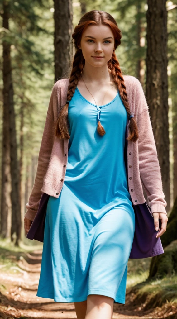 RAW, professional photograph, medium shot, photorealistic, realistic lights, realistic shadows, hyper-realistic, ray tracing, super detail, UHD, 8k, female, twenty years old, athletic body, soft facial features, long braided hair, viking hairstyle, straight hair, crimson hair, crimson eyes, viking dress, forest in winter