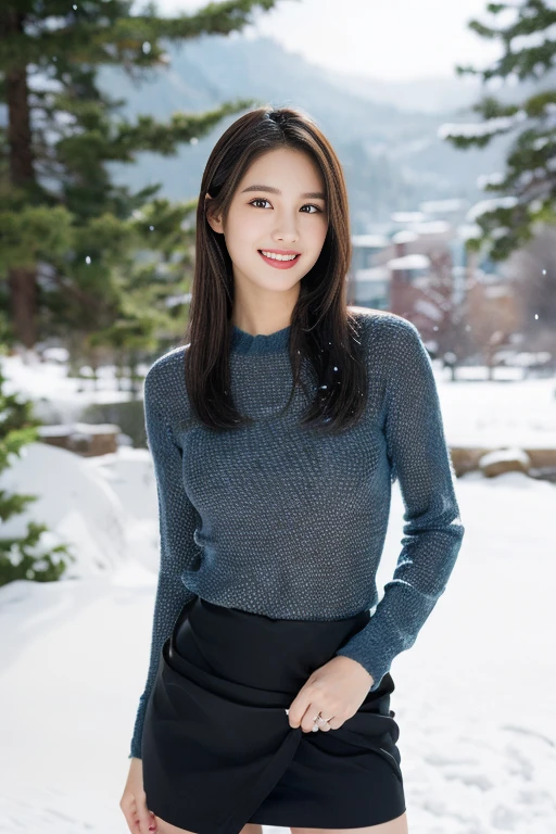 the Extremely Detailed CG Unity 8K Wallpapers、top-quality、ultra-detailliert、masterpiece、realisitic、Photo Real、extremely detailed cute girl、25-years old、(skirt rift)、(skirt lift by yourself))、Different color panties for each image、panties focus、red blush、cparted lips、looking at the viewers、Half body shot、Beautiful woman wearing fashionable and classy clothes、Beautiful snowfall landscape with snowy mountains)Short-cut hairstyles,Sweet smile
