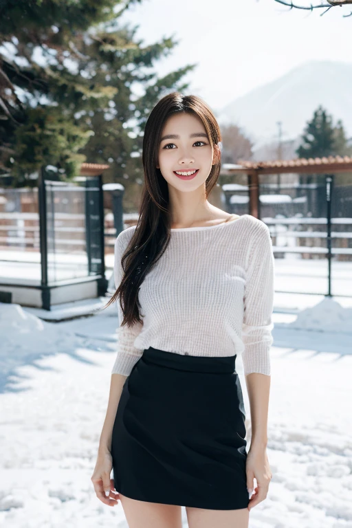 the Extremely Detailed CG Unity 8K Wallpapers、top-quality、ultra-detailliert、masterpiece、realisitic、Photo Real、extremely detailed cute girl、25-years old、(skirt rift)、(skirt lift by yourself))、Different color panties for each image、panties focus、red blush、cparted lips、looking at the viewers、Half body shot、Beautiful woman wearing fashionable and classy clothes、Beautiful snowfall landscape with snowy mountains)Short-cut hairstyles,Sweet smile