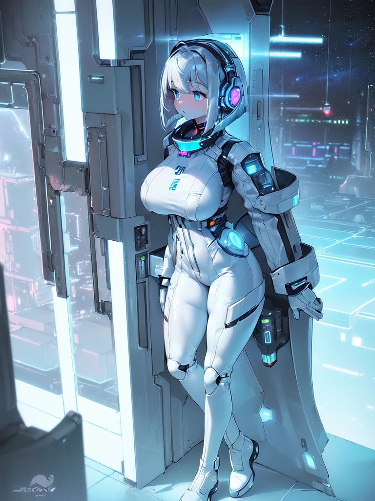 masterpiece:1.4, 1girl in ((20yr old, Wearing a futuristic white and silver costume, Tight Fit Bodysuit, long boots, Very gigantic-breasts, Multicolored blonde hair, a short bob, Perfect model body, Blue eyes:1.2, Wearing headphones, Looking out the window of the futuristic sci-fi space station、While admiring the beautiful galaxy:1.2, SFSF control room on night background:1.1, Neon and energetic atmosphere:1.2)) ((Galaxy))Translucent skin,White bodysuit, Mechanical, Cowboy Shot, spaces, Sitting, From above, Large breasts, bones