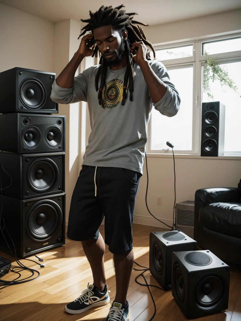 A black Rastafarian man shaking his hair listening to music in a room with giant speakers.