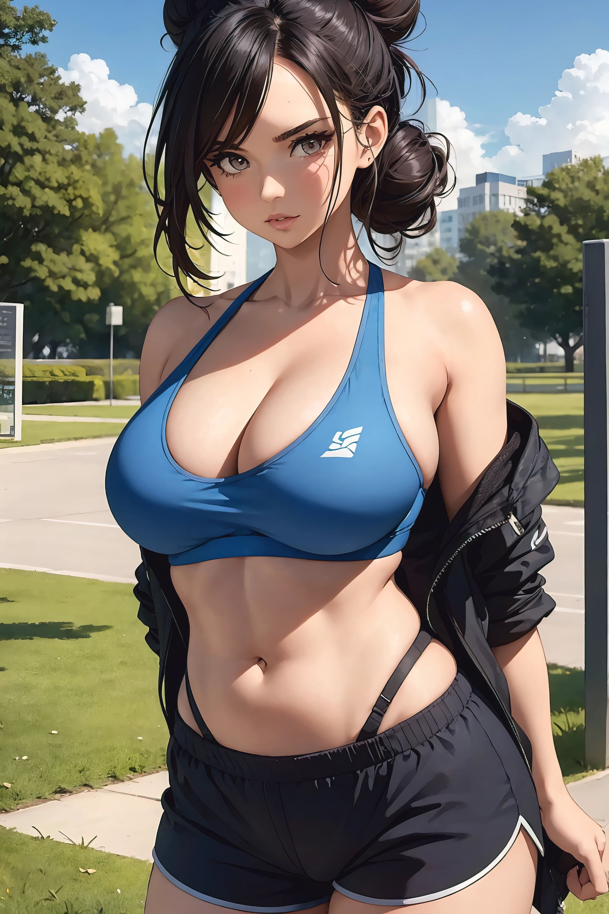 1girl, Beautiful mature woman, plus size model, demi Rose, loose bun, wearing a blue sports bra, Sport shorts, posing in a park,
