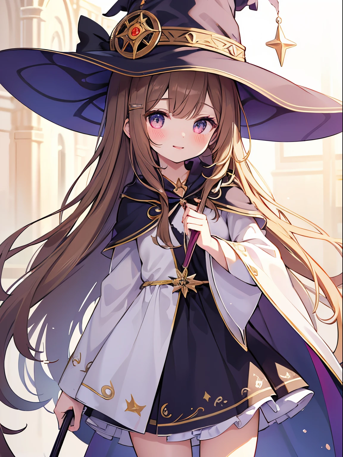 (Top quality, 4K, high resolution, masterpiece), ((Perfect Anatomy)), ((Perfect Anatomy)), (Full color illustration 1 4), ((Cute witch child)), brown hair, beige hair, long hair, colorful Eyes, ((👄)), smile, BREAK, fashionable clothes, wizard's robe, emitting magic from a cane, shiny magic, magic circle, fantastic magical city in another world