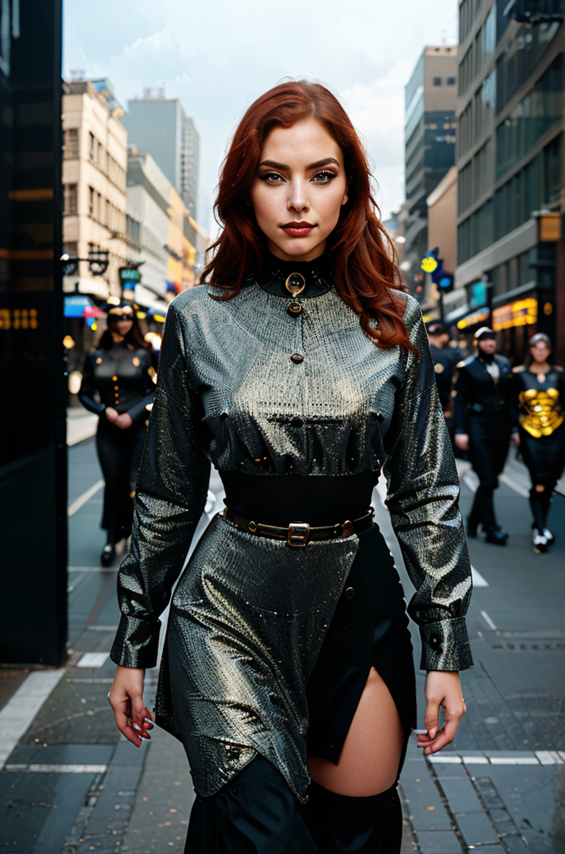 there is a woman standing in front of a group of robots, steampunk male portrait, compositing, beautiful android woman, stormy and grand war scene, inspired by Richard Avedon, a black dieselpunk policewoman, redhead woman, girl in suit, intricate fashion clothing, beautiful female soldier