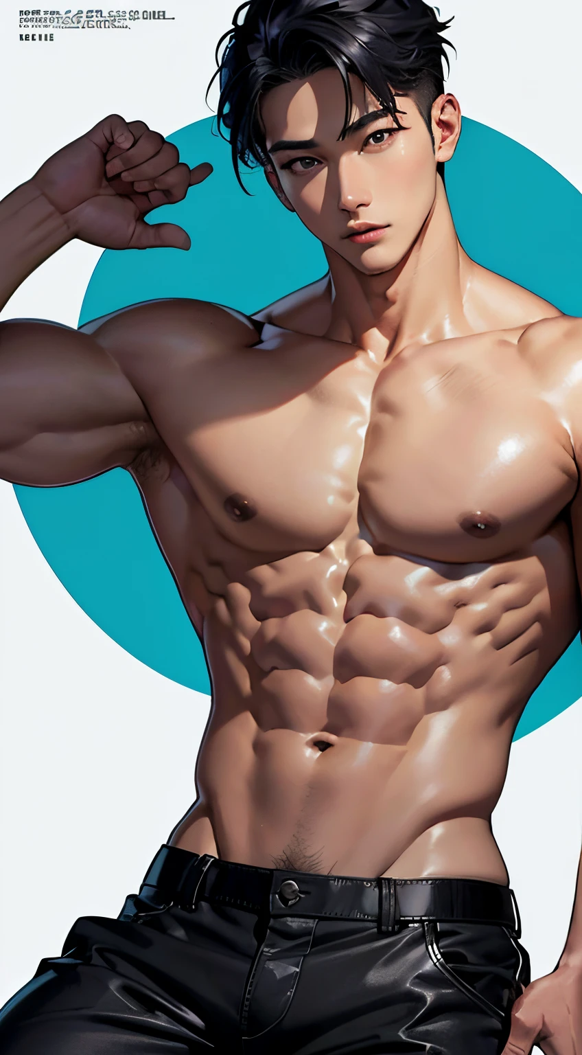 masterpiece, top quality, intricate detail, magazine front page, Korean men's health magazine, Magazine's Title with black color font, christmas issue, a young handsome boy, nude, nsfw , tall muscle, ((abs)), Kpop idol, looking at camera, beautiful face, white background, fashion model, Kpop boy's group member, fashionable damage short pants, ikemen
