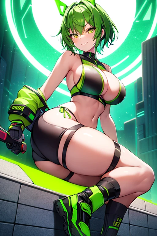 1girl, large breasts, wide hips, thick thighs, green hair, very short hair, short hair, yellow eyes, bikini, black bikini, neon trim, green neon trim, smile, smirk, smug, futuristic, science-fiction, tech, shoes, sneakers, green neon trim, green trim, black clothes, motorcycle, motor vehicle,