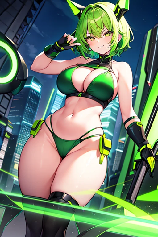 1girl, large breasts, wide hips, thick thighs, green hair, very short hair, short hair, yellow eyes, bikini, black bikini, neon trim, green neon trim, smile, smirk, smug, futuristic, science-fiction, tech, shoes, sneakers, green neon trim, green trim, black clothes, motorcycle, motor vehicle,