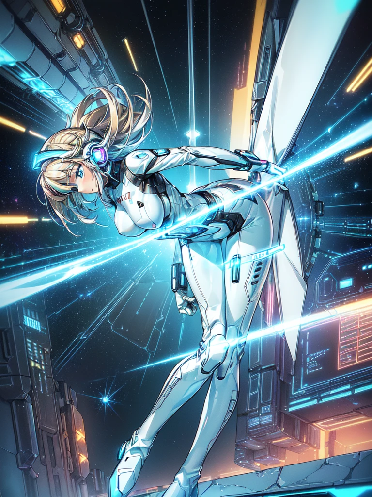 masterpiece:1.4, 1girl in ((20yr old, Wearing a futuristic white and silver costume, Tight Fit Bodysuit, long boots, Very gigantic-breasts, Multicolored blonde hair, a short bob, Perfect model body, Blue eyes:1.2, Wearing headphones, Looking out the window of the futuristic sci-fi space station、While admiring the beautiful galaxy:1.2, SFSF control room on night background:1.1, Neon and energetic atmosphere:1.2)) ((Galaxy))