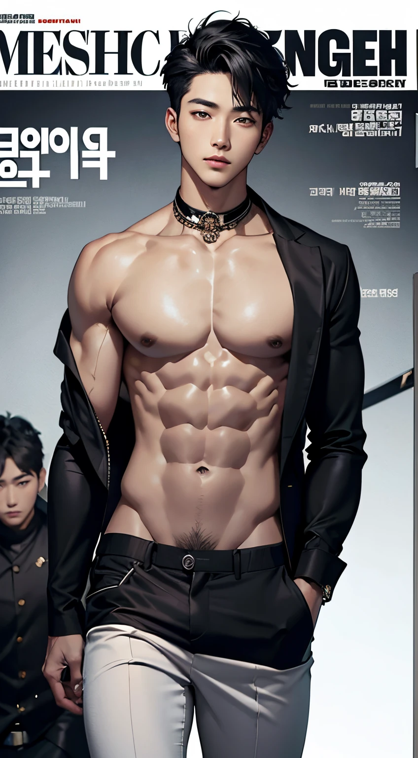 masterpiece, top quality, intricate detail, magazine front page, Korean men's health magazine, Magazine's Title with black color font, christmas issue, a young handsome boy, nude, nsfw , tall muscle, ((abs)), Kpop idol, looking at camera, beautiful face, white background, fashion model, Kpop boy's group member, fashionable damage short pants, ikemen