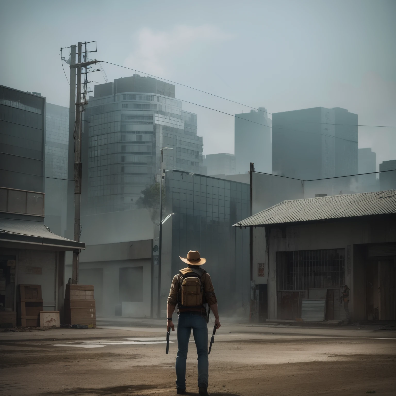 "DayZ" + (Cowboy in a post-apocalyptic city)" + "Dark buildings, arenosos, desolados, abandonados, arruinados, cores angustiadas, dinamic angle, empoeirado, fire and smoke, atmosfera sombria" --auto --s2