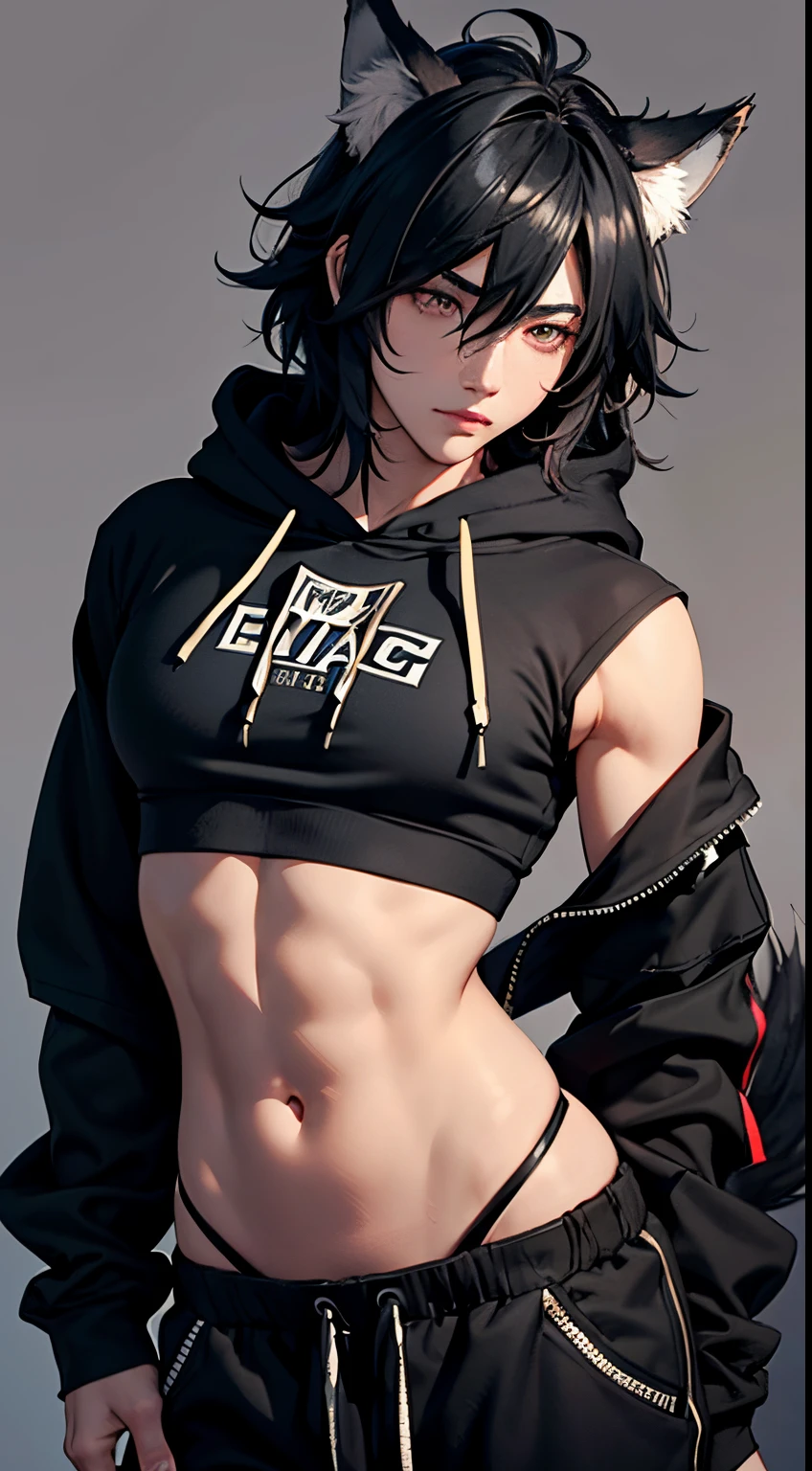 2boy、Toned、sharp big wolf ears、Wolf tail、black messy hair、wide and very vivid black eyes、HD、masterpiece、with a vibrant、Slim dark crop top hoodie、full-body view、Trendy hair、the kiss