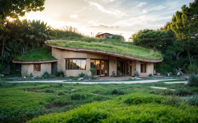A photograph of a symmetrical contemporary house with (((one hyperbolic paraboloid green roof))) and (((biological pool))) and ((base wall foundation)) in a tropical backyard, with high roof and long eaves, mustard yellow terracota plaster walls (((rustic clay stucco))), ((corner walls rounded)), ((rustic clay plaster)), (((terracotta walls with rounded corners, organic curves))), (((rustic earth plaster, mud))), (((hyperbolic-shaped green roof with wooden edge))), (((wooden roof structure, wooden rake, wooden fascia board))), eaves, ((roof with wooden structure)), In Bahia (((tropical garden))), ((natural houses, organic buildings, organic architecture)), ecovillage, sustainable architecture, bioconstruction architecture, solarpunk architecture, (((grass roof, green roof, green wave roof, rounded roof, vegetated roofs))), (((rock base foundation wall, foundation height 30cm, stone base wall 30cm high))), ((green architecture)), passive house, clear sky in the background, painful beauty, modern, imposing, green house, ((Bali hobbit Hadid Style)), super resolution, cinematic, color grading, editorial photography, photography, photo shoot, (((dramatic front eye top angle view))), O 50mm, depth of field, intricate details, natural colors, sharp focus, warm light, shutter speed 1/1000, F/22, White Balance, Ray Trace Reflections, Lumen Reflections, Screen Space Reflections, Diffraction Rating, Chromatic Aberration, GB Shift, Partial Lighting, Backlighting, Daylighting, Scan Lines, ambient occlusion, antialiasing, shaders, OpenGL-Shaders, GLSL-Shaders, Post-processing, post-production, shading, tone mapping, incredibly detailed and complex, hypermaximalist, elegant, hyperrealistic, super detailed, dynamic pose, Fujifilm XT