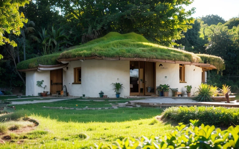 A photograph of a symmetrical contemporary house with (((one hyperbolic paraboloid green roof))) and (((biological pool))) and ((base wall foundation)) in a tropical backyard, with high roof and long eaves, mustard yellow terracota plaster walls (((rustic clay stucco))), ((corner walls rounded)), ((rustic clay plaster)), (((terracotta walls with rounded corners, organic curves))), (((rustic earth plaster, mud))), (((hyperbolic-shaped green roof with wooden edge))), (((wooden roof structure, wooden rake, wooden fascia board))), eaves, ((roof with wooden structure)), In Bahia (((tropical garden))), ((natural houses, organic buildings, organic architecture)), ecovillage, sustainable architecture, bioconstruction architecture, solarpunk architecture, (((grass roof, green roof, green wave roof, rounded roof, vegetated roofs))), (((rock base foundation wall, foundation height 30cm, stone base wall 30cm high))), ((green architecture)), passive house, clear sky in the background, painful beauty, modern, imposing, green house, ((Bali hobbit Hadid Style)), super resolution, cinematic, color grading, editorial photography, photography, photo shoot, (((dramatic front eye top angle view))), O 50mm, depth of field, intricate details, natural colors, sharp focus, warm light, shutter speed 1/1000, F/22, White Balance, Ray Trace Reflections, Lumen Reflections, Screen Space Reflections, Diffraction Rating, Chromatic Aberration, GB Shift, Partial Lighting, Backlighting, Daylighting, Scan Lines, ambient occlusion, antialiasing, shaders, OpenGL-Shaders, GLSL-Shaders, Post-processing, post-production, shading, tone mapping, incredibly detailed and complex, hypermaximalist, elegant, hyperrealistic, super detailed, dynamic pose, Fujifilm XT