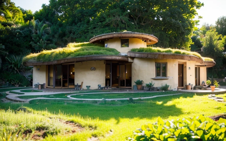 A photograph of a symmetrical contemporary house with (((one hyperbolic paraboloid green roof))) and (((biological pool))) and ((base wall foundation)) in a tropical backyard, with high roof and long eaves, mustard yellow terracota plaster walls (((rustic clay stucco))), ((corner walls rounded)), ((rustic clay plaster)), (((terracotta walls with rounded corners, organic curves))), (((rustic earth plaster, mud))), (((hyperbolic-shaped green roof with wooden edge))), (((wooden roof structure, wooden rake, wooden fascia board))), eaves, ((roof with wooden structure)), In Bahia (((tropical garden))), ((natural houses, organic buildings, organic architecture)), ecovillage, sustainable architecture, bioconstruction architecture, solarpunk architecture, (((grass roof, green roof, green wave roof, rounded roof, vegetated roofs))), (((rock base foundation wall, foundation height 30cm, stone base wall 30cm high))), ((green architecture)), passive house, clear sky in the background, painful beauty, modern, imposing, green house, ((Bali hobbit Hadid Style)), super resolution, cinematic, color grading, editorial photography, photography, photo shoot, (((dramatic front eye top angle view))), O 50mm, depth of field, intricate details, natural colors, sharp focus, warm light, shutter speed 1/1000, F/22, White Balance, Ray Trace Reflections, Lumen Reflections, Screen Space Reflections, Diffraction Rating, Chromatic Aberration, GB Shift, Partial Lighting, Backlighting, Daylighting, Scan Lines, ambient occlusion, antialiasing, shaders, OpenGL-Shaders, GLSL-Shaders, Post-processing, post-production, shading, tone mapping, incredibly detailed and complex, hypermaximalist, elegant, hyperrealistic, super detailed, dynamic pose, Fujifilm XT