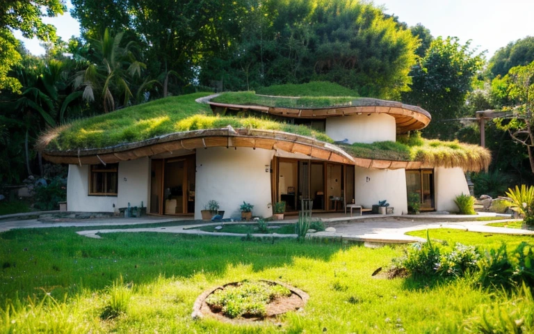 A photograph of a symmetrical contemporary house with (((one hyperbolic paraboloid green roof))) and (((biological pool))) and ((base wall foundation)) in a tropical backyard, with high roof and long eaves, mustard yellow terracota plaster walls (((rustic clay stucco))), ((corner walls rounded)), ((rustic clay plaster)), (((terracotta walls with rounded corners, organic curves))), (((rustic earth plaster, mud))), (((hyperbolic-shaped green roof with wooden edge))), (((wooden roof structure, wooden rake, wooden fascia board))), eaves, ((roof with wooden structure)), In Bahia (((tropical garden))), ((natural houses, organic buildings, organic architecture)), ecovillage, sustainable architecture, bioconstruction architecture, solarpunk architecture, (((grass roof, green roof, green wave roof, rounded roof, vegetated roofs))), (((rock base foundation wall, foundation height 30cm, stone base wall 30cm high))), ((green architecture)), passive house, clear sky in the background, painful beauty, modern, imposing, green house, ((Bali hobbit Hadid Style)), super resolution, cinematic, color grading, editorial photography, photography, photo shoot, (((dramatic front eye top angle view))), O 50mm, depth of field, intricate details, natural colors, sharp focus, warm light, shutter speed 1/1000, F/22, White Balance, Ray Trace Reflections, Lumen Reflections, Screen Space Reflections, Diffraction Rating, Chromatic Aberration, GB Shift, Partial Lighting, Backlighting, Daylighting, Scan Lines, ambient occlusion, antialiasing, shaders, OpenGL-Shaders, GLSL-Shaders, Post-processing, post-production, shading, tone mapping, incredibly detailed and complex, hypermaximalist, elegant, hyperrealistic, super detailed, dynamic pose, Fujifilm XT