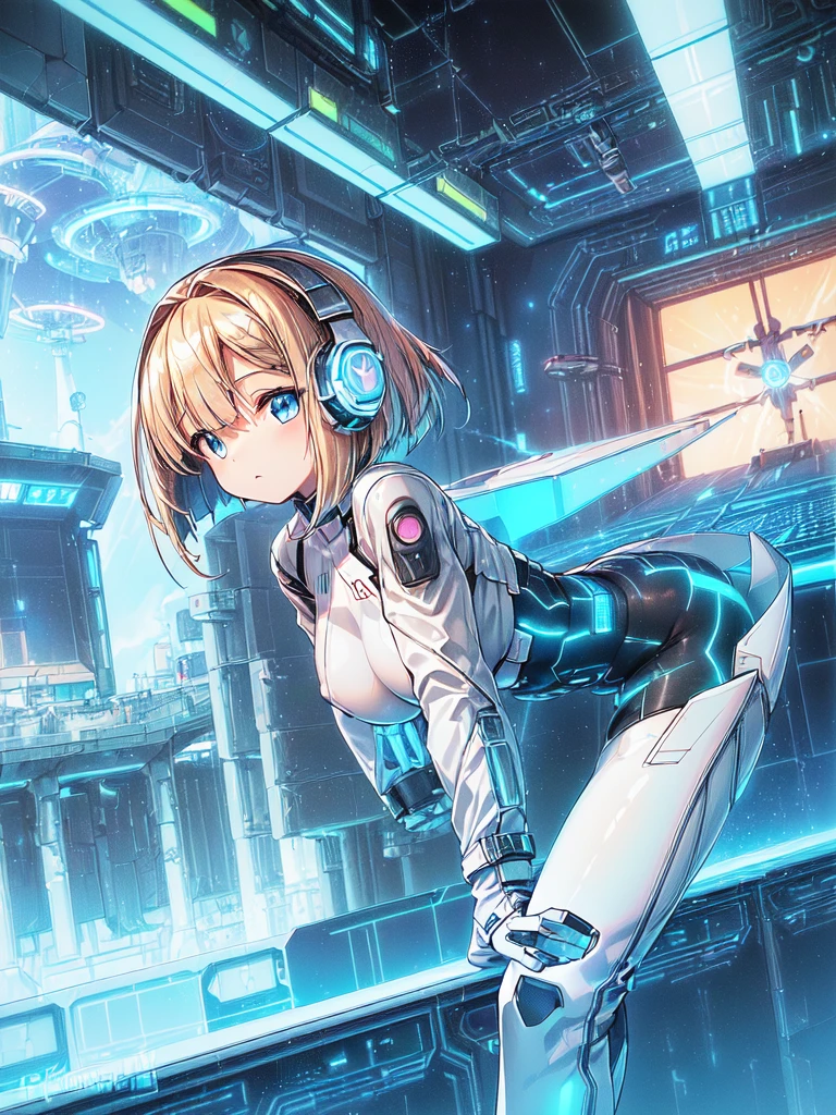 ​masterpiece:1.4, 1girl in ((20yr old, Wearing a futuristic white and silver costume, Tight Fit Bodysuit, long boots, Very gigantic-breasts, Multicolored blonde hair, a short bob, Perfect model body, Blue eyes:1.2, Wearing headphones, Looking out the window of the futuristic sci-fi space station、While admiring the beautiful galaxy:1.2, SFSF control room on night background:1.1, Neon and energetic atmosphere:1.2)) ((Galaxy))