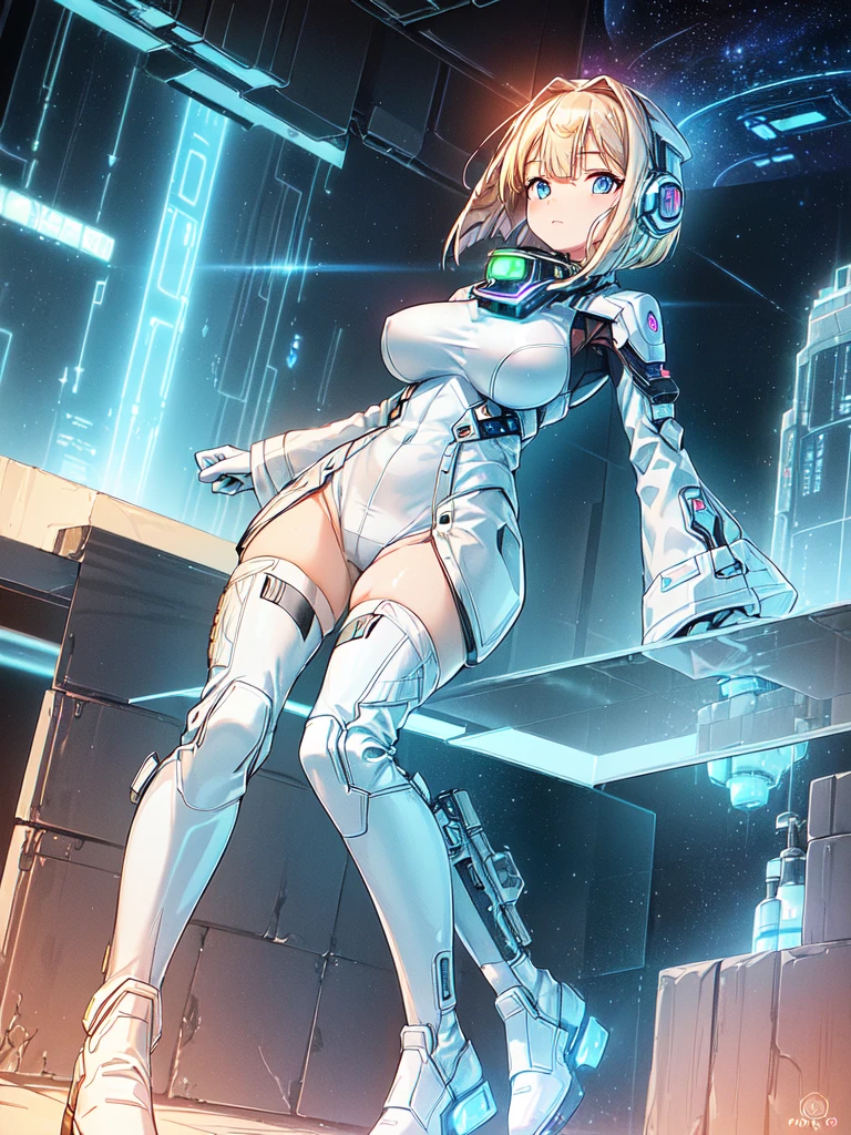 masterpiece:1.4, 1girl in ((20yr old, Wearing a futuristic white and silver costume, Tight Fit Bodysuit, long boots, Very gigantic-breasts, Multicolored blonde hair, a short bob, Perfect model body, Blue eyes:1.2, Wearing headphones, Looking out the window of the futuristic sci-fi space station、While admiring the beautiful galaxy:1.2, SFSF control room on night background:1.1, Neon and energetic atmosphere:1.2)) ((Galaxy))