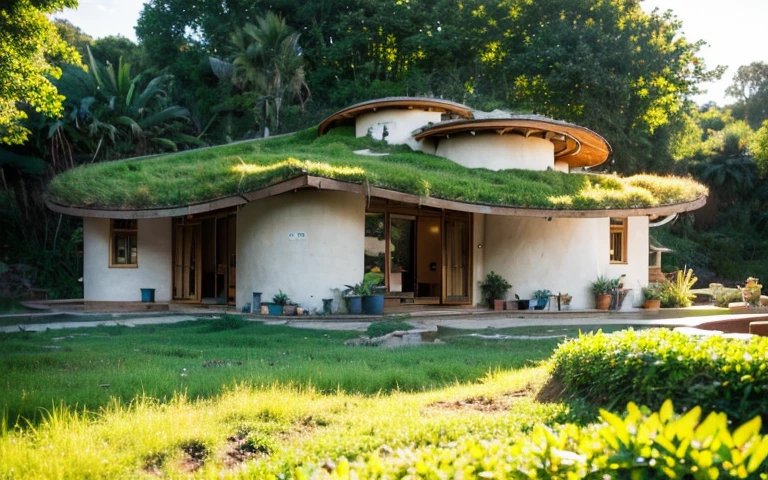 A photograph of a symmetrical contemporary house with (((one hyperbolic paraboloid green roof))) and (((biological pool))) and ((base wall foundation)) in a tropical backyard, with high roof and long eaves, mustard yellow terracota plaster walls (((rustic clay stucco))), ((corner walls rounded)), ((rustic clay plaster)), (((terracotta walls with rounded corners, organic curves))), (((rustic earth plaster, mud))), (((hyperbolic-shaped green roof with wooden edge))), (((wooden roof structure, wooden rake, wooden fascia board))), eaves, ((roof with wooden structure)), In Bahia (((tropical garden))), ((natural houses, organic buildings, organic architecture)), ecovillage, sustainable architecture, bioconstruction architecture, solarpunk architecture, (((grass roof, green roof, green wave roof, rounded roof, vegetated roofs))), (((rock base foundation wall, foundation height 30cm, stone base wall 30cm high))), ((green architecture)), passive house, clear sky in the background, painful beauty, modern, imposing, green house, ((Bali hobbit Hadid Style)), super resolution, cinematic, color grading, editorial photography, photography, photo shoot, (((dramatic front eye top angle view))), O 50mm, depth of field, intricate details, natural colors, sharp focus, warm light, shutter speed 1/1000, F/22, White Balance, Ray Trace Reflections, Lumen Reflections, Screen Space Reflections, Diffraction Rating, Chromatic Aberration, GB Shift, Partial Lighting, Backlighting, Daylighting, Scan Lines, ambient occlusion, antialiasing, shaders, OpenGL-Shaders, GLSL-Shaders, Post-processing, post-production, shading, tone mapping, incredibly detailed and complex, hypermaximalist, elegant, hyperrealistic, super detailed, dynamic pose, Fujifilm XT