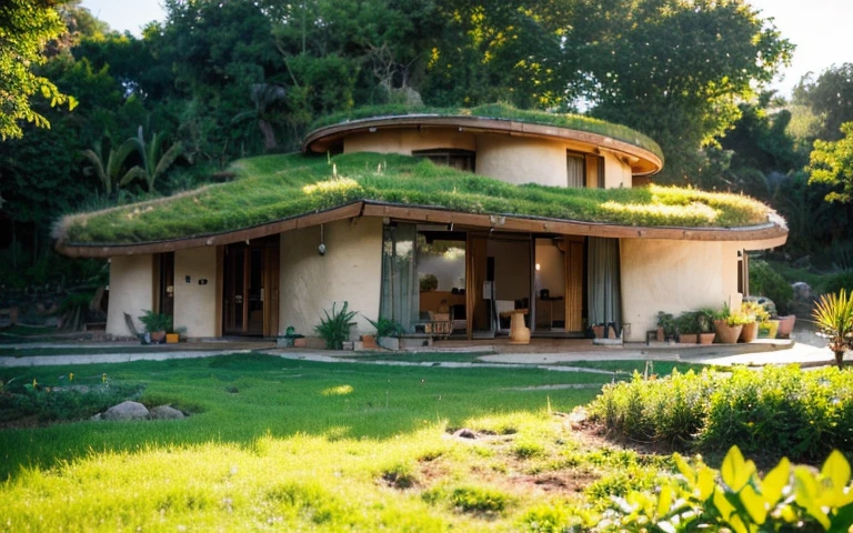 A photograph of a symmetrical contemporary house with (((one hyperbolic paraboloid green roof))) and (((biological pool))) and ((base wall foundation)) in a tropical backyard, with high roof and long eaves, mustard yellow terracota plaster walls (((rustic clay stucco))), ((corner walls rounded)), ((rustic clay plaster)), (((terracotta walls with rounded corners, organic curves))), (((rustic earth plaster, mud))), (((hyperbolic-shaped green roof with wooden edge))), (((wooden roof structure, wooden rake, wooden fascia board))), eaves, ((roof with wooden structure)), In Bahia (((tropical garden))), ((natural houses, organic buildings, organic architecture)), ecovillage, sustainable architecture, bioconstruction architecture, solarpunk architecture, (((grass roof, green roof, green wave roof, rounded roof, vegetated roofs))), (((rock base foundation wall, foundation height 30cm, stone base wall 30cm high))), ((green architecture)), passive house, clear sky in the background, painful beauty, modern, imposing, green house, ((Bali hobbit Hadid Style)), super resolution, cinematic, color grading, editorial photography, photography, photo shoot, (((dramatic front eye top angle view))), O 50mm, depth of field, intricate details, natural colors, sharp focus, warm light, shutter speed 1/1000, F/22, White Balance, Ray Trace Reflections, Lumen Reflections, Screen Space Reflections, Diffraction Rating, Chromatic Aberration, GB Shift, Partial Lighting, Backlighting, Daylighting, Scan Lines, ambient occlusion, antialiasing, shaders, OpenGL-Shaders, GLSL-Shaders, Post-processing, post-production, shading, tone mapping, incredibly detailed and complex, hypermaximalist, elegant, hyperrealistic, super detailed, dynamic pose, Fujifilm XT