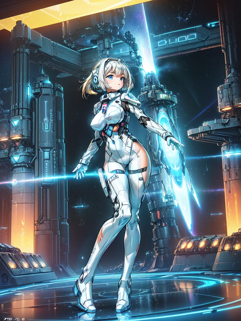 masterpiece:1.4, 1girl in ((20yr old, Wearing a futuristic white and silver costume, Tight Fit Bodysuit, long boots, Very gigantic-breasts, Multicolored blonde hair, a short bob, Perfect model body, Blue eyes:1.2, Wearing headphones, Looking out the window of the futuristic sci-fi space station、While admiring the beautiful galaxy:1.2, SFSF control room on night background:1.1, Neon and energetic atmosphere:1.2)) ((Galaxy))