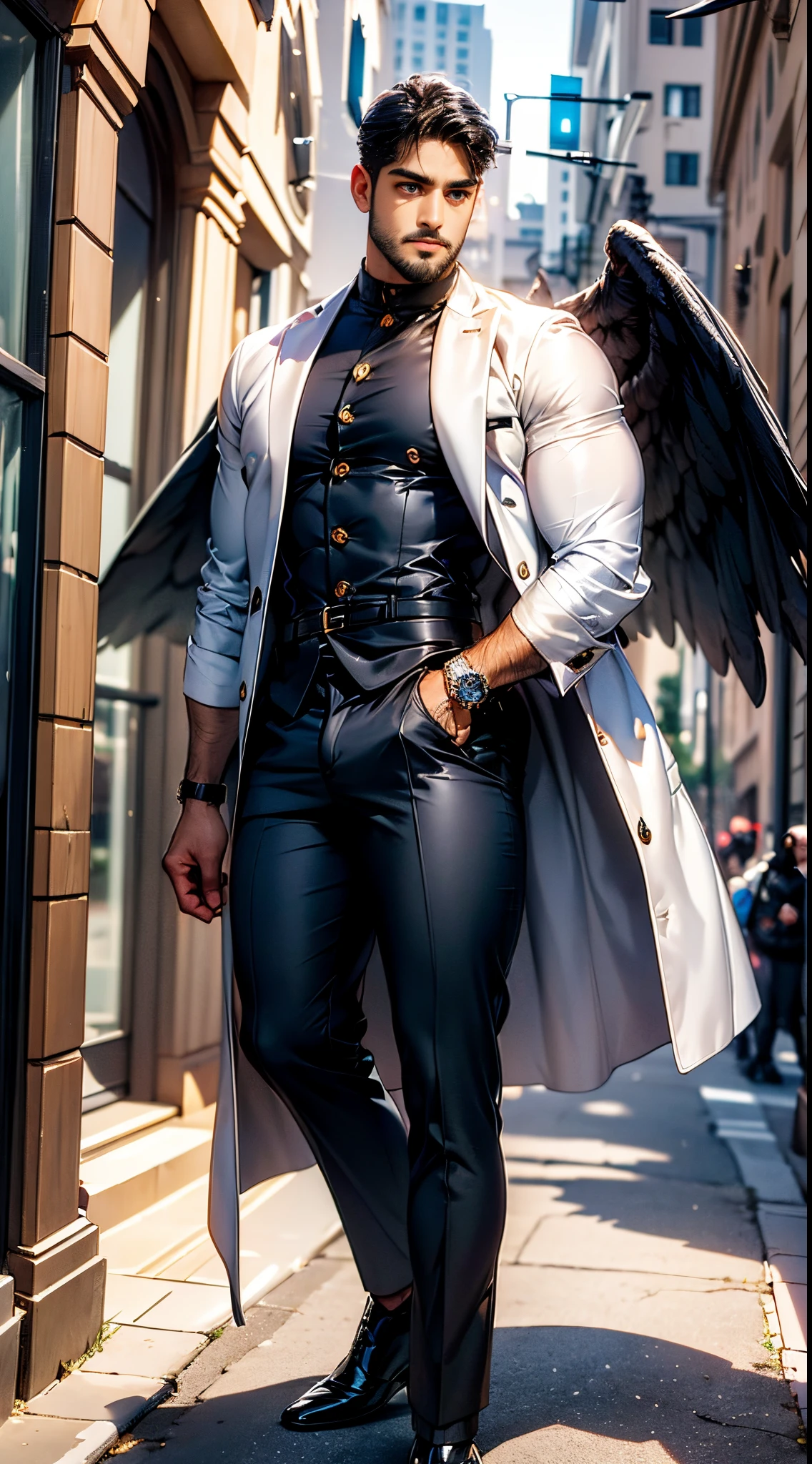 (best quality,ultra-detailed,realistic:1.37), Daegan Tronos Character(1), handsome, dark skin, dark-tanned, perfect wings angel, symmetrical wings,blue eyes,small beard, medium-long haircut,casual outfit, urban italian clothing, trench coat, man stance, attractive,vibrant colors, modern long outfit, fight punch pose.