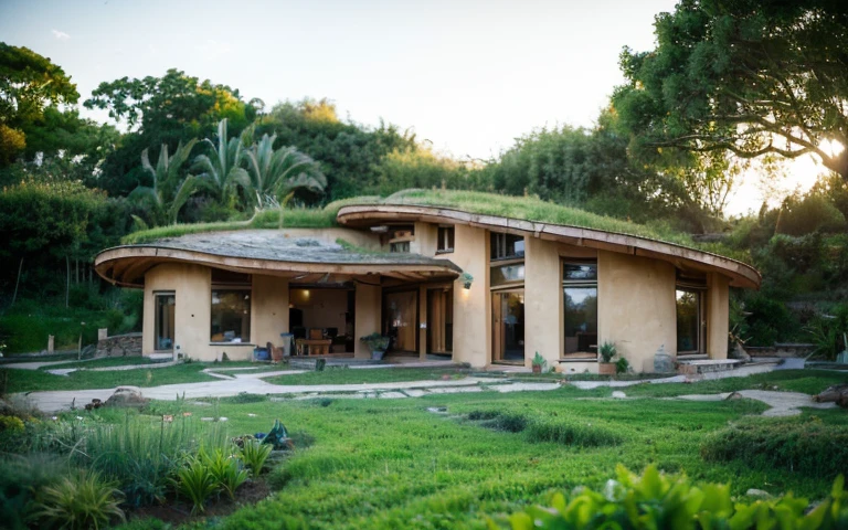 A photograph of a symmetrical contemporary house with (((one hyperbolic paraboloid green roof))) and (((biological pool))) and ((base wall foundation)) in a tropical backyard, with high roof and long eaves, mustard yellow terracota plaster walls (((rustic clay stucco))), ((corner walls rounded)), ((rustic clay plaster)), (((terracotta walls with rounded corners, organic curves))), (((rustic earth plaster, mud))), (((hyperbolic-shaped green roof with wooden edge))), (((wooden roof structure, wooden rake, wooden fascia board))), eaves, ((roof with wooden structure)), In Bahia (((tropical garden))), ((natural houses, organic buildings, organic architecture)), ecovillage, sustainable architecture, bioconstruction architecture, solarpunk architecture, (((grass roof, green roof, green wave roof, rounded roof, vegetated roofs))), (((rock base foundation wall, foundation height 30cm, stone base wall 30cm high))), ((green architecture)), passive house, clear sky in the background, painful beauty, modern, imposing, green house, ((Bali hobbit Hadid Style)), super resolution, cinematic, color grading, editorial photography, photography, photo shoot, (((dramatic front eye top angle view))), O 50mm, depth of field, intricate details, natural colors, sharp focus, warm light, shutter speed 1/1000, F/22, White Balance, Ray Trace Reflections, Lumen Reflections, Screen Space Reflections, Diffraction Rating, Chromatic Aberration, GB Shift, Partial Lighting, Backlighting, Daylighting, Scan Lines, ambient occlusion, antialiasing, shaders, OpenGL-Shaders, GLSL-Shaders, Post-processing, post-production, shading, tone mapping, incredibly detailed and complex, hypermaximalist, elegant, hyperrealistic, super detailed, dynamic pose, Fujifilm XT