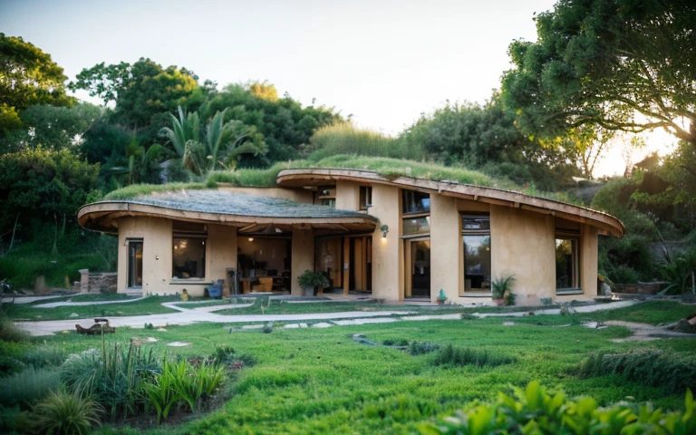 A photograph of a symmetrical contemporary house with (((one hyperbolic paraboloid green roof))) and (((biological pool))) and ((base wall foundation)) in a tropical backyard, with high roof and long eaves, mustard yellow terracota plaster walls (((rustic clay stucco))), ((corner walls rounded)), ((rustic clay plaster)), (((terracotta walls with rounded corners, organic curves))), (((rustic earth plaster, mud))), (((hyperbolic-shaped green roof with wooden edge))), (((wooden roof structure, wooden rake, wooden fascia board))), eaves, ((roof with wooden structure)), In Bahia (((tropical garden))), ((natural houses, organic buildings, organic architecture)), ecovillage, sustainable architecture, bioconstruction architecture, solarpunk architecture, (((grass roof, green roof, green wave roof, rounded roof, vegetated roofs))), (((rock base foundation wall, foundation height 30cm, stone base wall 30cm high))), ((green architecture)), passive house, clear sky in the background, painful beauty, modern, imposing, green house, ((Bali hobbit Hadid Style)), super resolution, cinematic, color grading, editorial photography, photography, photo shoot, (((dramatic front eye top angle view))), O 50mm, depth of field, intricate details, natural colors, sharp focus, warm light, shutter speed 1/1000, F/22, White Balance, Ray Trace Reflections, Lumen Reflections, Screen Space Reflections, Diffraction Rating, Chromatic Aberration, GB Shift, Partial Lighting, Backlighting, Daylighting, Scan Lines, ambient occlusion, antialiasing, shaders, OpenGL-Shaders, GLSL-Shaders, Post-processing, post-production, shading, tone mapping, incredibly detailed and complex, hypermaximalist, elegant, hyperrealistic, super detailed, dynamic pose, Fujifilm XT