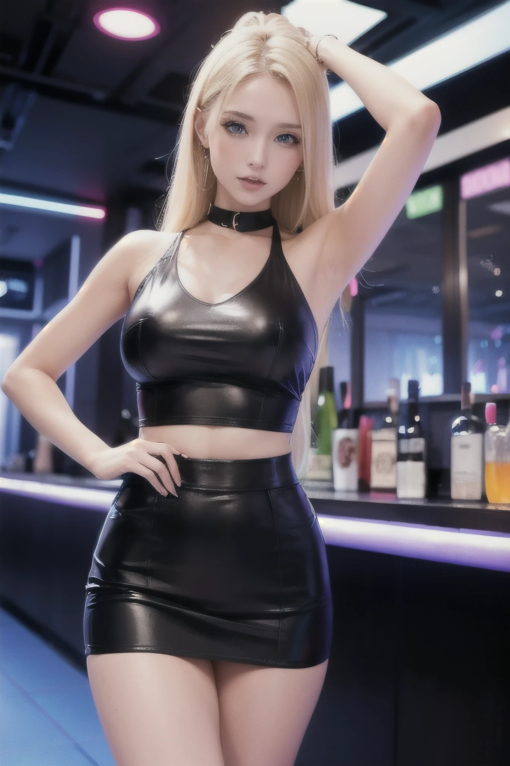 25 year old beautiful woman, nightclub,black short skirt,blonde with blue eyes,noisy bar,Raised sexy