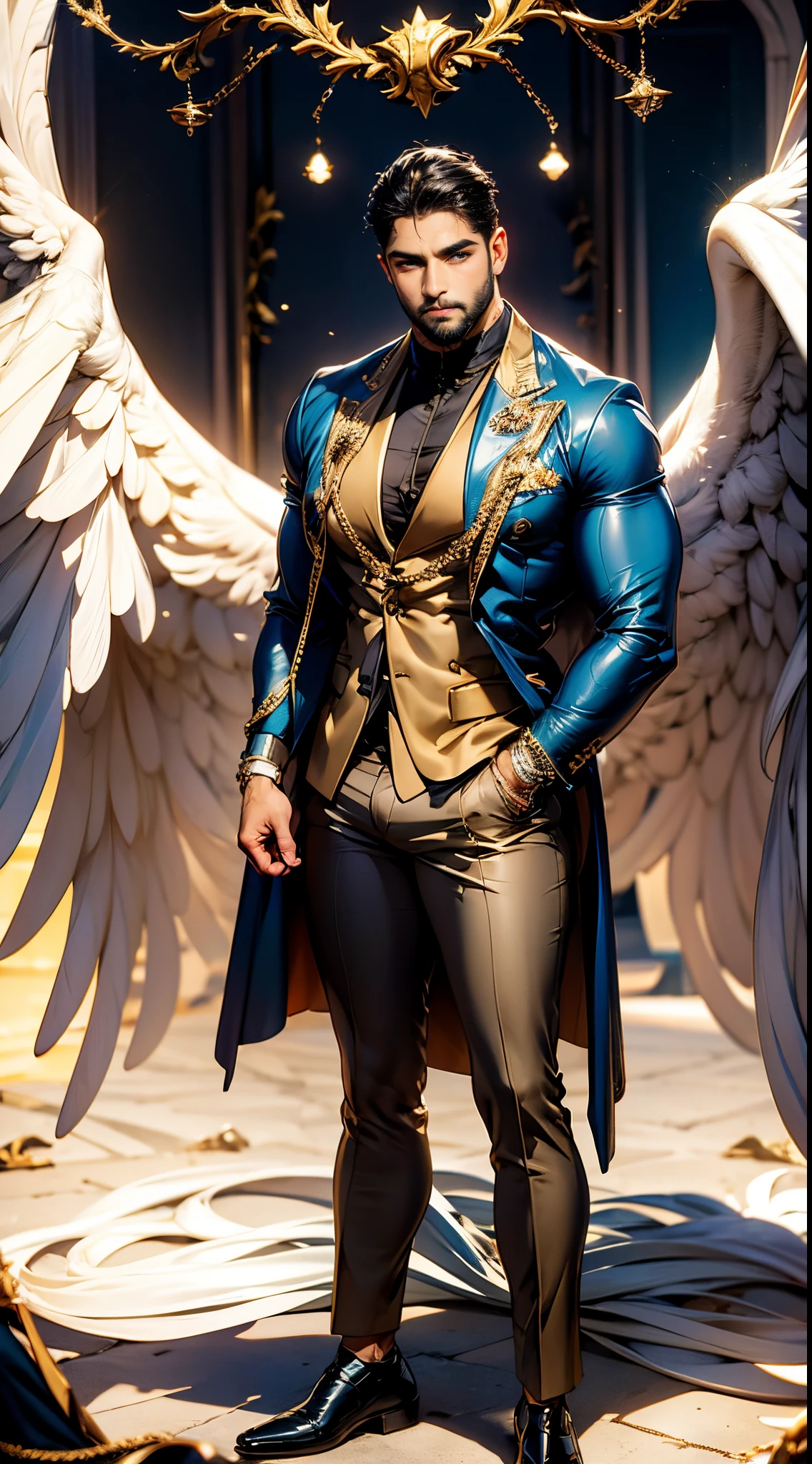 (best quality,ultra-detailed,realistic:1.37), Daegan Tronos Character(1), handsome, dark skin, dark-tanned, perfect wings angel, symmetrical wings,blue eyes,small beard, medium-long haircut,casual outfit, urban italian clothing, trench coat, man stance, attractive,vibrant colors, modern long outfit, fight punch pose.