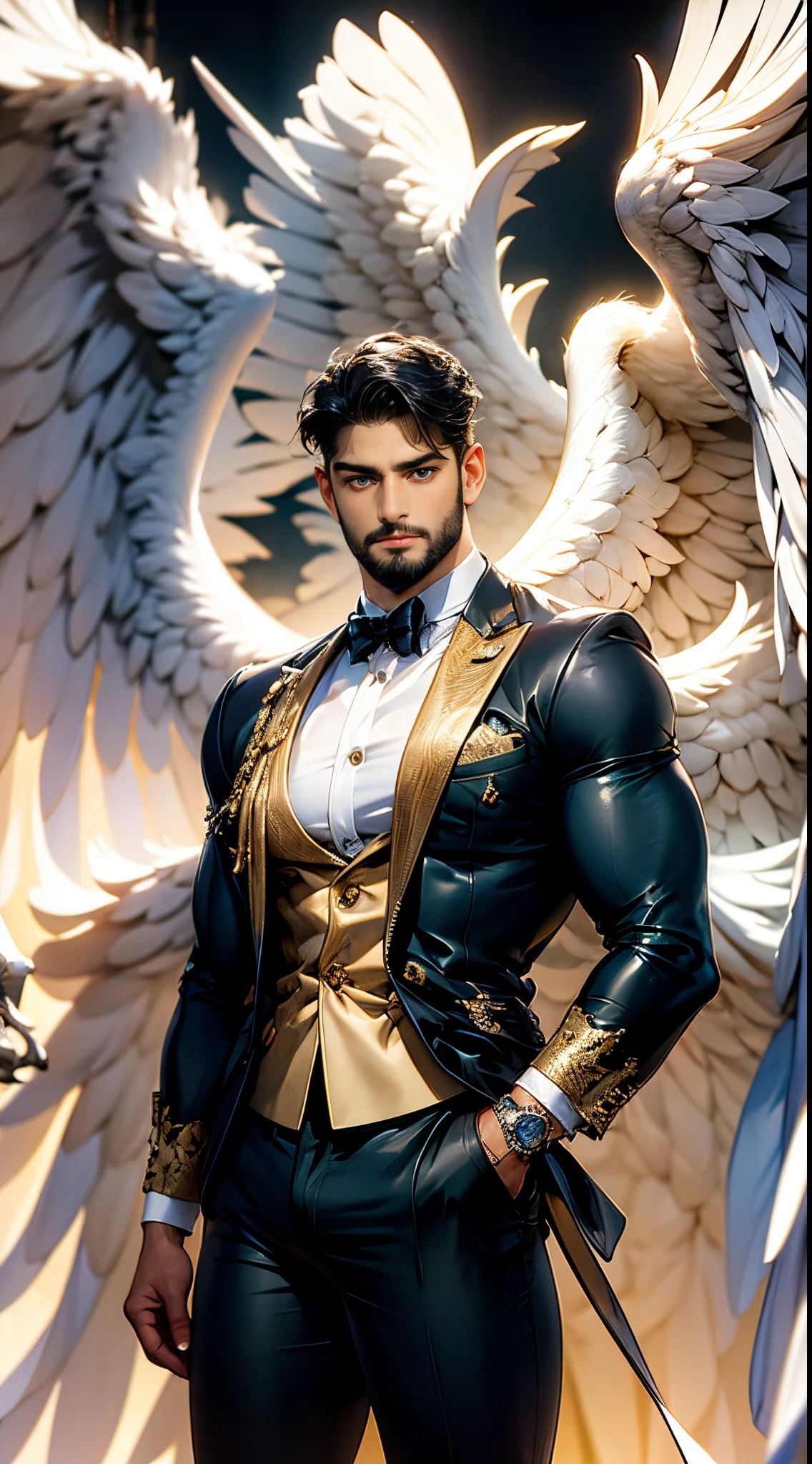 (best quality,ultra-detailed,realistic:1.37), Daegan Tronos Character(1), handsome, dark skin, dark-tanned, perfect wings angel, symmetrical wings,blue eyes,small beard, medium-long haircut,casual outfit, urban italian clothing, trench coat, man stance, attractive,vibrant colors, modern long outfit, fight punch pose.