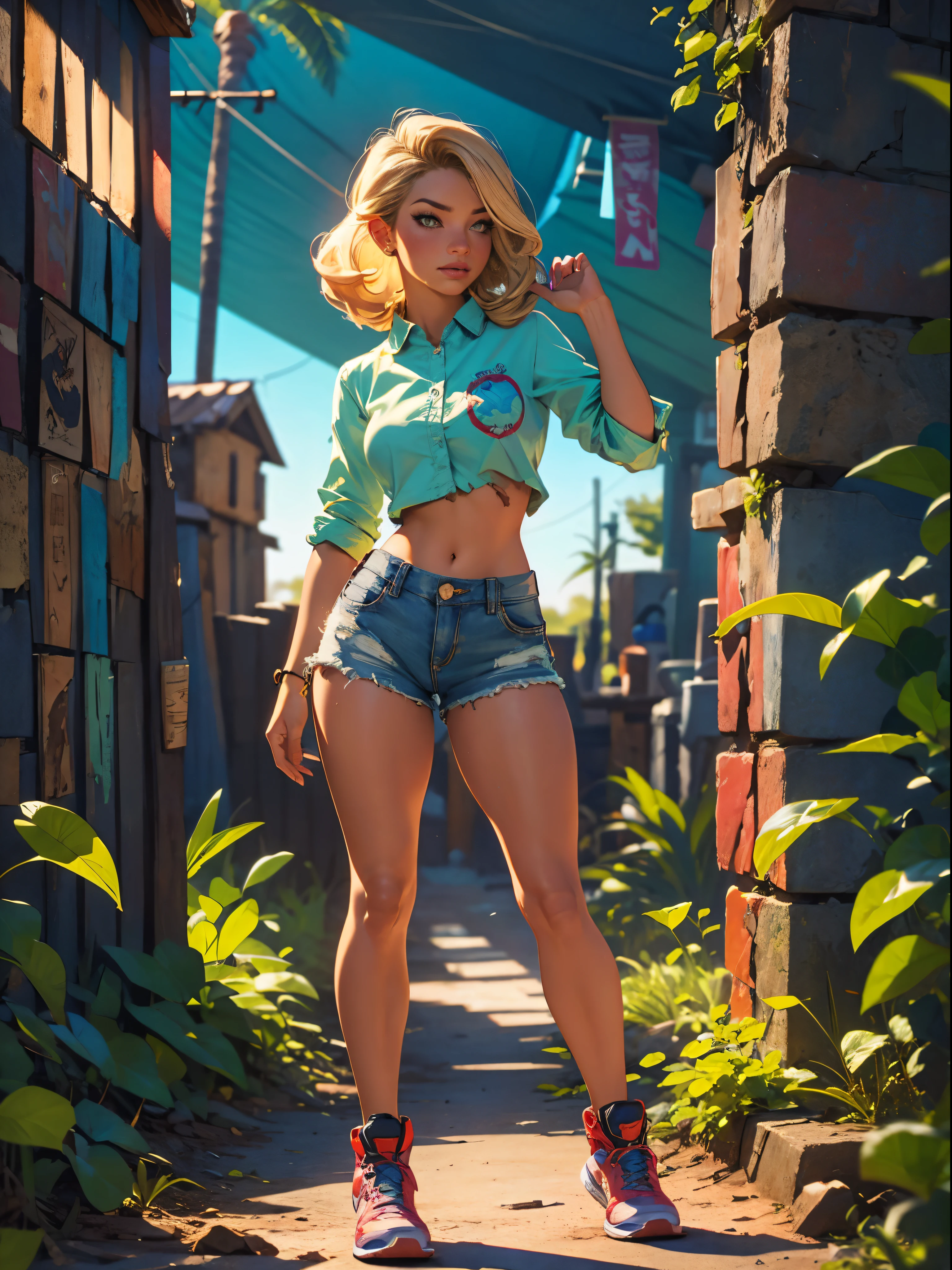 2076 year. The Ruins of the Wasteland, Female huntress picking fruit in the garden, beautiful face, blonde, badly torn shirt and denim shorts , long legs, sweating through, sun rising, Nice warm colors, head to toe, full body shot, pretty hands, perfect fingers,