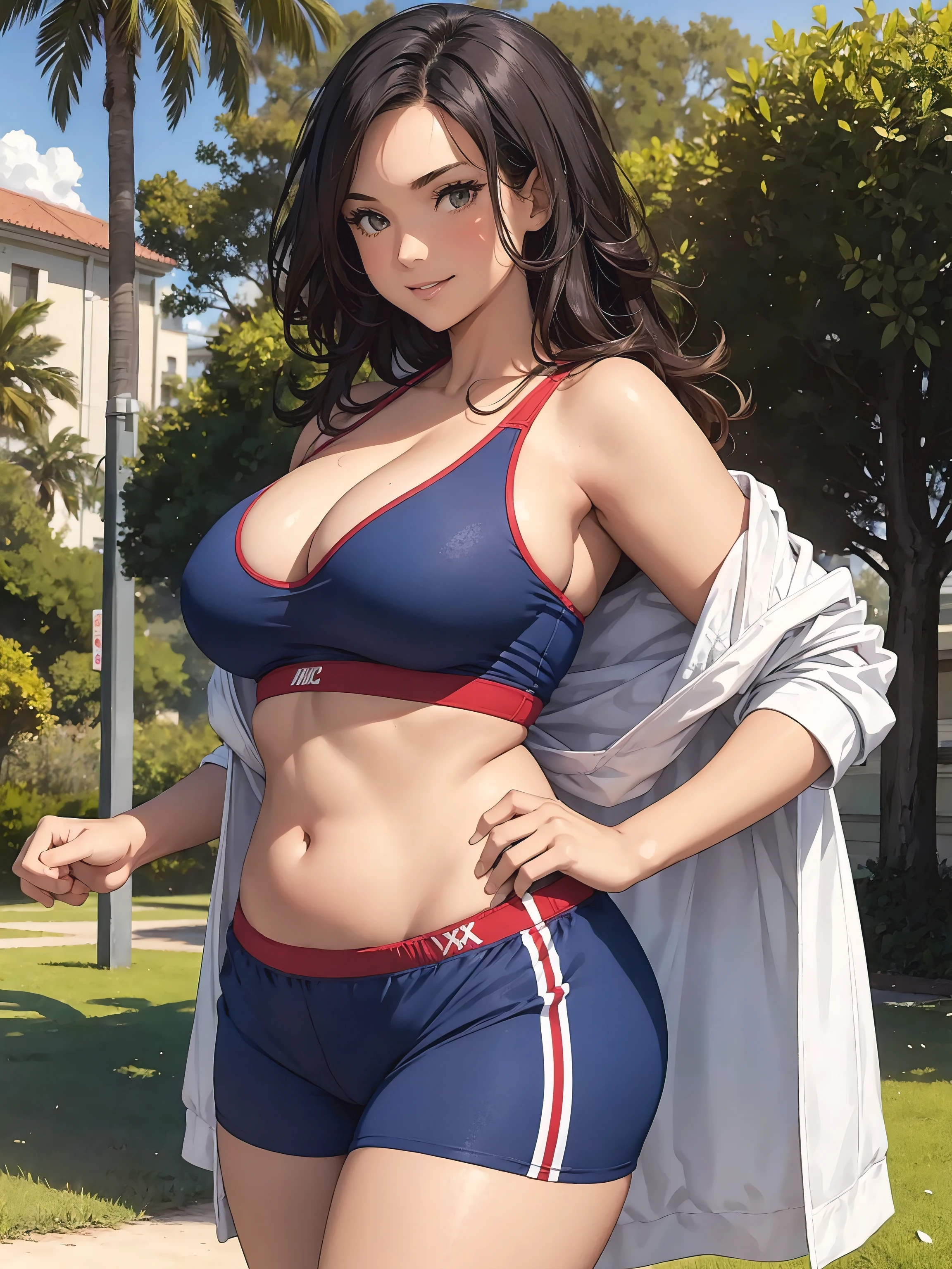 1girl, Beautiful plus size model shaped woman, loose hair, light smile, wearing a red and blue sports bra, Sport shorts, posing lewdly in a park, aroused,