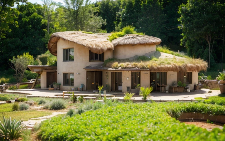 A photograph of a symmetrical contemporary house with (((one hyperbolic paraboloid green roof))) and (((biological pool))) and ((base wall foundation)) in a tropical backyard, with high roof and long eaves, mustard yellow terracota plaster walls (((rustic clay stucco))), ((corner walls rounded)), ((rustic clay plaster)), (((terracotta walls with rounded corners, organic curves))), (((rustic earth plaster, mud))), (((hyperbolic-shaped green roof with wooden edge))), (((wooden roof structure, wooden rake, wooden fascia board))), eaves, ((roof with wooden structure)), In Bahia (((tropical garden))), ((natural houses, organic buildings, organic architecture)), ecovillage, sustainable architecture, bioconstruction architecture, solarpunk architecture, (((grass roof, green roof, green wave roof, rounded roof, vegetated roofs))), (((rock base foundation wall, foundation height 30cm, stone base wall 30cm high))), ((green architecture)), passive house, clear sky in the background, painful beauty, modern, imposing, green house, ((Bali hobbit Hadid Style)), super resolution, cinematic, color grading, editorial photography, photography, photo shoot, (((dramatic front eye top angle view))), O 50mm, depth of field, intricate details, natural colors, sharp focus, warm light, shutter speed 1/1000, F/22, White Balance, Ray Trace Reflections, Lumen Reflections, Screen Space Reflections, Diffraction Rating, Chromatic Aberration, GB Shift, Partial Lighting, Backlighting, Daylighting, Scan Lines, ambient occlusion, antialiasing, shaders, OpenGL-Shaders, GLSL-Shaders, Post-processing, post-production, shading, tone mapping, incredibly detailed and complex, hypermaximalist, elegant, hyperrealistic, super detailed, dynamic pose, Fujifilm XT