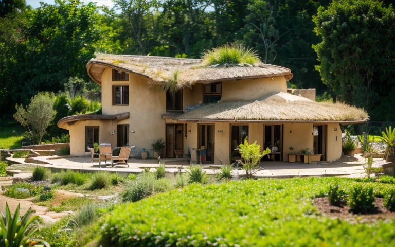A photograph of a symmetrical contemporary house with (((one hyperbolic paraboloid green roof))) and (((biological pool))) and ((base wall foundation)) in a tropical backyard, with high roof and long eaves, mustard yellow terracota plaster walls (((rustic clay stucco))), ((corner walls rounded)), ((rustic clay plaster)), (((terracotta walls with rounded corners, organic curves))), (((rustic earth plaster, mud))), (((hyperbolic-shaped green roof with wooden edge))), (((wooden roof structure, wooden rake, wooden fascia board))), eaves, ((roof with wooden structure)), In Bahia (((tropical garden))), ((natural houses, organic buildings, organic architecture)), ecovillage, sustainable architecture, bioconstruction architecture, solarpunk architecture, (((grass roof, green roof, green wave roof, rounded roof, vegetated roofs))), (((rock base foundation wall, foundation height 30cm, stone base wall 30cm high))), ((green architecture)), passive house, clear sky in the background, painful beauty, modern, imposing, green house, ((Bali hobbit Hadid Style)), super resolution, cinematic, color grading, editorial photography, photography, photo shoot, (((dramatic front eye top angle view))), O 50mm, depth of field, intricate details, natural colors, sharp focus, warm light, shutter speed 1/1000, F/22, White Balance, Ray Trace Reflections, Lumen Reflections, Screen Space Reflections, Diffraction Rating, Chromatic Aberration, GB Shift, Partial Lighting, Backlighting, Daylighting, Scan Lines, ambient occlusion, antialiasing, shaders, OpenGL-Shaders, GLSL-Shaders, Post-processing, post-production, shading, tone mapping, incredibly detailed and complex, hypermaximalist, elegant, hyperrealistic, super detailed, dynamic pose, Fujifilm XT