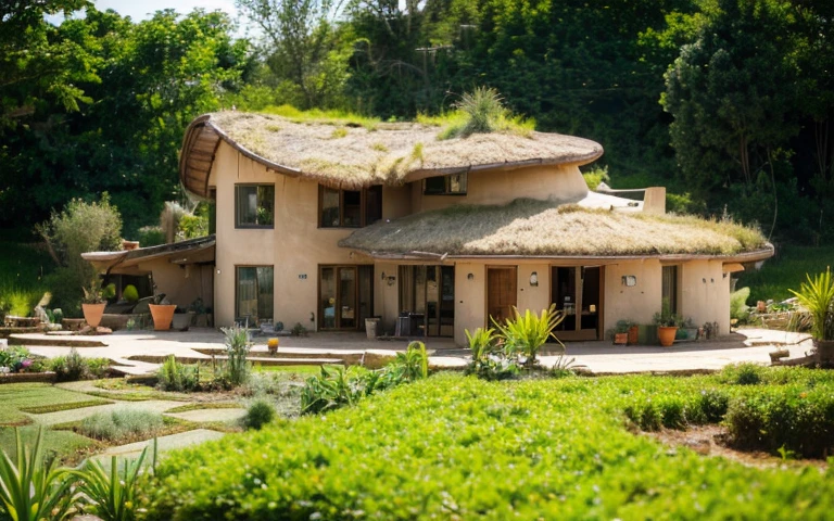 A photograph of a symmetrical contemporary house with (((one hyperbolic paraboloid green roof))) and (((biological pool))) and ((base wall foundation)) in a tropical backyard, with high roof and long eaves, mustard yellow terracota plaster walls (((rustic clay stucco))), ((corner walls rounded)), ((rustic clay plaster)), (((terracotta walls with rounded corners, organic curves))), (((rustic earth plaster, mud))), (((hyperbolic-shaped green roof with wooden edge))), (((wooden roof structure, wooden rake, wooden fascia board))), eaves, ((roof with wooden structure)), In Bahia (((tropical garden))), ((natural houses, organic buildings, organic architecture)), ecovillage, sustainable architecture, bioconstruction architecture, solarpunk architecture, (((grass roof, green roof, green wave roof, rounded roof, vegetated roofs))), (((rock base foundation wall, foundation height 30cm, stone base wall 30cm high))), ((green architecture)), passive house, clear sky in the background, painful beauty, modern, imposing, green house, ((Bali hobbit Hadid Style)), super resolution, cinematic, color grading, editorial photography, photography, photo shoot, (((dramatic front eye top angle view))), O 50mm, depth of field, intricate details, natural colors, sharp focus, warm light, shutter speed 1/1000, F/22, White Balance, Ray Trace Reflections, Lumen Reflections, Screen Space Reflections, Diffraction Rating, Chromatic Aberration, GB Shift, Partial Lighting, Backlighting, Daylighting, Scan Lines, ambient occlusion, antialiasing, shaders, OpenGL-Shaders, GLSL-Shaders, Post-processing, post-production, shading, tone mapping, incredibly detailed and complex, hypermaximalist, elegant, hyperrealistic, super detailed, dynamic pose, Fujifilm XT