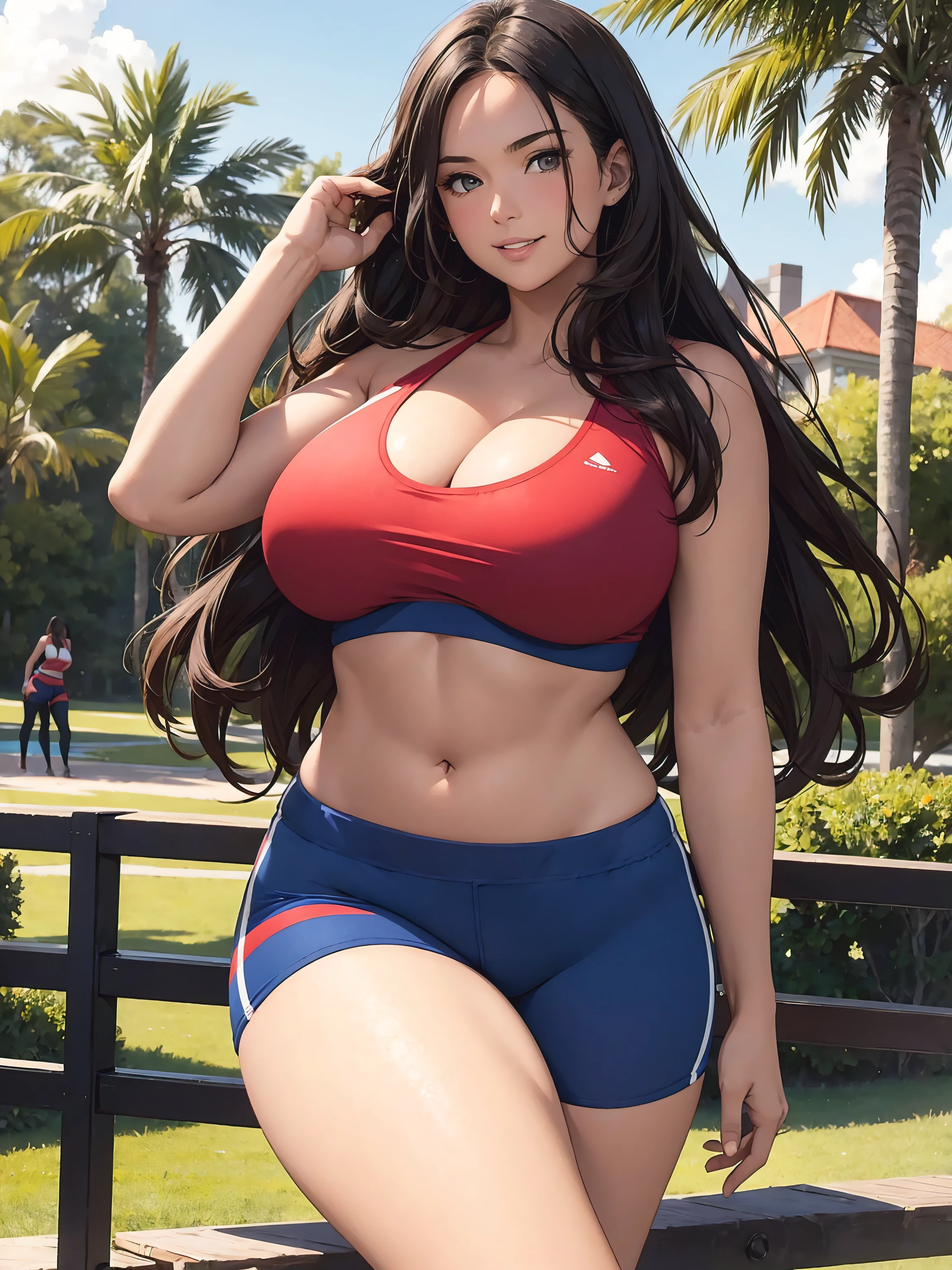 1girl, Beautiful plus size model shaped woman, loose hair, light smile, wearing a red and blue sports bra, Sport shorts, posing in a park, aroused,