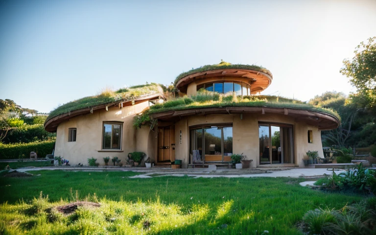 A photograph of a symmetrical contemporary house with (((one hyperbolic paraboloid green roof))) and (((biological pool))) and ((base wall foundation)) in a tropical backyard, mustard yellow terracota plaster walls (((rustic clay stucco))), ((corner walls rounded)), ((rustic clay plaster)), (((terracotta walls with rounded corners, organic curves))), (((rustic earth plaster, mud))), (((hyperbolic-shaped green roof with wooden edge))), (((wooden roof structure, wooden rake, wooden fascia board))), eaves, ((roof with wooden structure)), In Bahia (((tropical garden))), ((natural houses, organic buildings, organic architecture)), ecovillage, sustainable architecture, bioconstruction architecture, solarpunk architecture, (((grass roof, green roof, green wave roof, rounded roof, vegetated roofs))), (((rock base foundation wall, foundation height 30cm, stone base wall 30cm high))), ((green architecture)), passive house, clear sky in the background, painful beauty, modern, imposing, green house, ((Bali hobbit Hadid Style)), super resolution, cinematic, color grading, editorial photography, photography, photo shoot, (((dramatic front eye top angle view))), O 50mm, depth of field, intricate details, natural colors, sharp focus, warm light, shutter speed 1/1000, F/22, White Balance, Ray Trace Reflections, Lumen Reflections, Screen Space Reflections, Diffraction Rating, Chromatic Aberration, GB Shift, Partial Lighting, Backlighting, Daylighting, Scan Lines, ambient occlusion, antialiasing, shaders, OpenGL-Shaders, GLSL-Shaders, Post-processing, post-production, shading, tone mapping, incredibly detailed and complex, hypermaximalist, elegant, hyperrealistic, super detailed, dynamic pose, Fujifilm XT