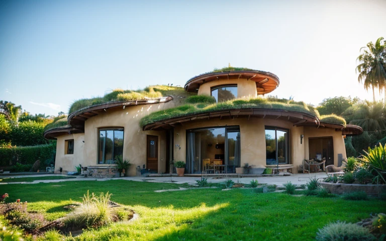 A photograph of a symmetrical contemporary house with (((one hyperbolic paraboloid green roof))) and (((biological pool))) and ((base wall foundation)) in a tropical backyard, mustard yellow terracota plaster walls (((rustic clay stucco))), ((corner walls rounded)), ((rustic clay plaster)), (((terracotta walls with rounded corners, organic curves))), (((rustic earth plaster, mud))), (((hyperbolic-shaped green roof with wooden edge))), (((wooden roof structure, wooden rake, wooden fascia board))), eaves, ((roof with wooden structure)), In Bahia (((tropical garden))), ((natural houses, organic buildings, organic architecture)), ecovillage, sustainable architecture, bioconstruction architecture, solarpunk architecture, (((grass roof, green roof, green wave roof, rounded roof, vegetated roofs))), (((rock base foundation wall, foundation height 30cm, stone base wall 30cm high))), ((green architecture)), passive house, clear sky in the background, painful beauty, modern, imposing, green house, ((Bali hobbit Hadid Style)), super resolution, cinematic, color grading, editorial photography, photography, photo shoot, (((dramatic front eye top angle view))), O 50mm, depth of field, intricate details, natural colors, sharp focus, warm light, shutter speed 1/1000, F/22, White Balance, Ray Trace Reflections, Lumen Reflections, Screen Space Reflections, Diffraction Rating, Chromatic Aberration, GB Shift, Partial Lighting, Backlighting, Daylighting, Scan Lines, ambient occlusion, antialiasing, shaders, OpenGL-Shaders, GLSL-Shaders, Post-processing, post-production, shading, tone mapping, incredibly detailed and complex, hypermaximalist, elegant, hyperrealistic, super detailed, dynamic pose, Fujifilm XT
