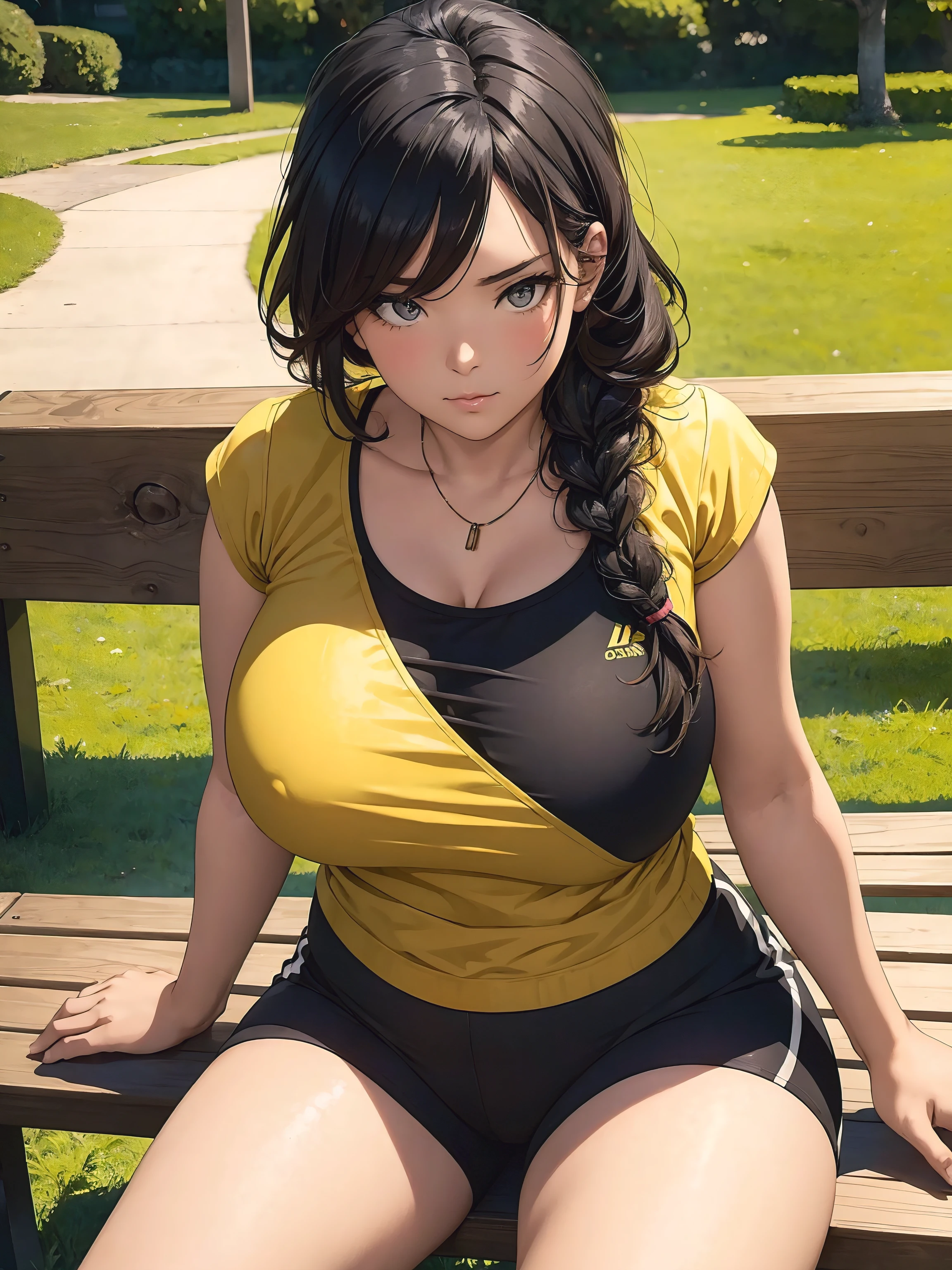 1girl, plus size model shaped woman, braid, bedroom look, wearing a black and yellow sports spaghetti top, Sport shorts, in a park, waiting on a bench, bokeh, depth of field, shot from above,