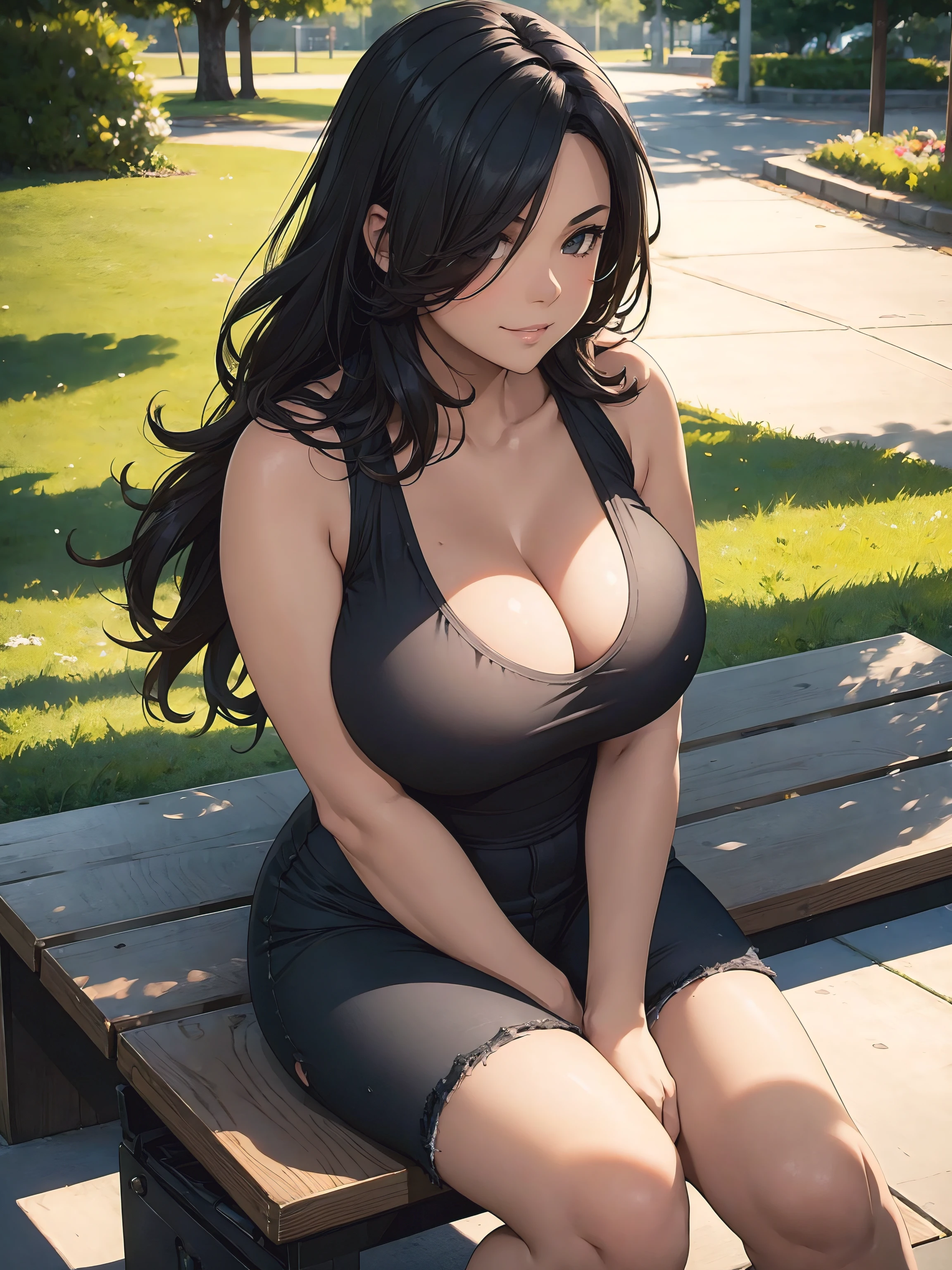 1girl, curvy body shape, voluptuous, fitting breasts, smirk, wearing a gray tank top, black shorts, in a park, waiting on a bench, shot from above, depth of field, warm tones,