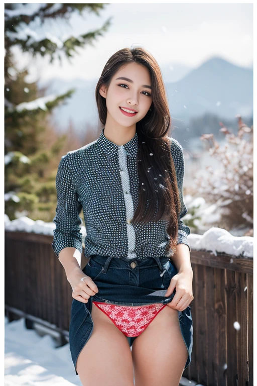 the Extremely Detailed CG Unity 8K Wallpapers、top-quality、ultra-detailliert、masterpiece、realisitic、Photo Real、extremely detailed cute girl、25-years old、(skirt rift)、(skirt lift by yourself))、Different color panties for each image、panties focus、red blush、cparted lips、looking at the viewers、Half body shot、Beautiful woman wearing fashionable and classy clothes、Beautiful snowfall landscape with snowy mountains)Short-cut hairstyles,Sweet smile