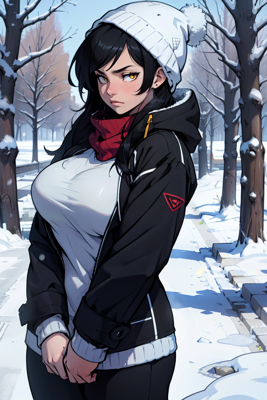 muscular girl thick breasts black hair yellow eyes pale skin best quality sad frown cold cold cold