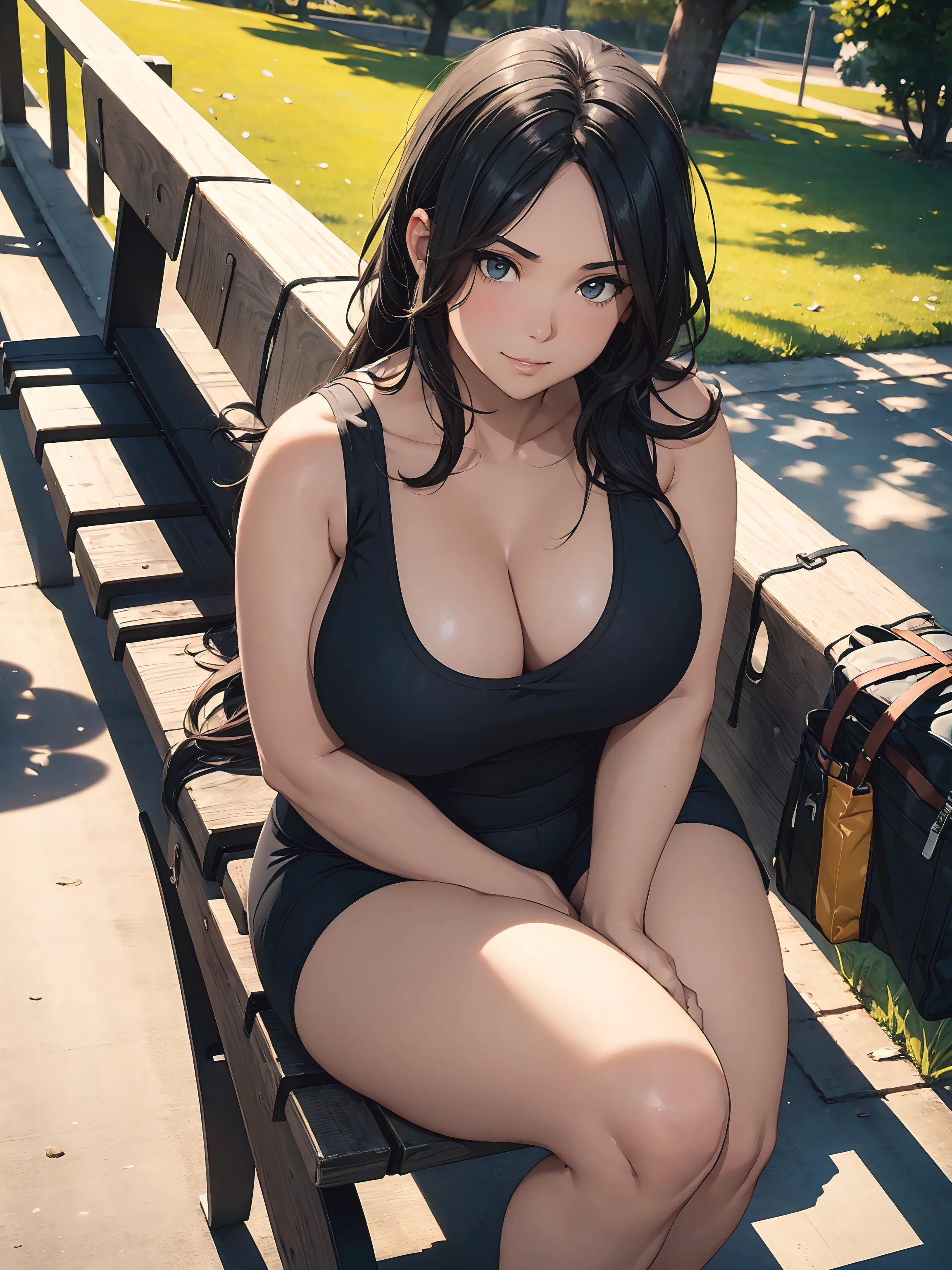 1girl, curvy body shape, voluptuous, fitting breasts, smirk, wearing a gray tank top, black and yellow Sport shorts, in a park, waiting on a bench, shot from above, depth of field, warm tones,