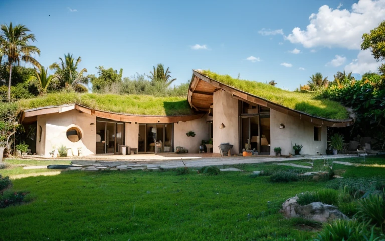 A photograph of a symmetrical contemporary house with (((one hyperbolic paraboloid green roof))) and (((biological pool))) and ((base wall foundation)) in a tropical backyard, mustard yellow terracota plaster walls (((rustic clay stucco))), ((corner walls rounded)), ((rustic clay plaster)), (((terracotta walls with rounded corners, organic curves and squared))), (((rustic earth plaster, mud))), (((hyperbolic-shaped green roof with wooden edge))), (((wooden roof structure, wooden rake, wooden fascia board))), eaves, ((roof with wooden structure)), In Bahia (((tropical garden))), ((natural houses, organic buildings, organic architecture)), ecovillage, sustainable architecture, bioconstruction architecture, solarpunk architecture, (((grass roof, green roof, green wave roof, rounded roof, vegetated roofs))), (((rock base foundation wall, foundation height 30cm, stone base wall 30cm high))), ((green architecture)), passive house, clear sky in the background, painful beauty, modern, imposing, green house, ((Bali hobbit Hadid Style)), super resolution, cinematic, color grading, editorial photography, photography, photo shoot, (((dramatic front eye top angle view))), O 50mm, depth of field, intricate details, natural colors, sharp focus, warm light, shutter speed 1/1000, F/22, White Balance, Ray Trace Reflections, Lumen Reflections, Screen Space Reflections, Diffraction Rating, Chromatic Aberration, GB Shift, Partial Lighting, Backlighting, Daylighting, Scan Lines, ambient occlusion, antialiasing, shaders, OpenGL-Shaders, GLSL-Shaders, Post-processing, post-production, shading, tone mapping, incredibly detailed and complex, hypermaximalist, elegant, hyperrealistic, super detailed, dynamic pose, Fujifilm XT