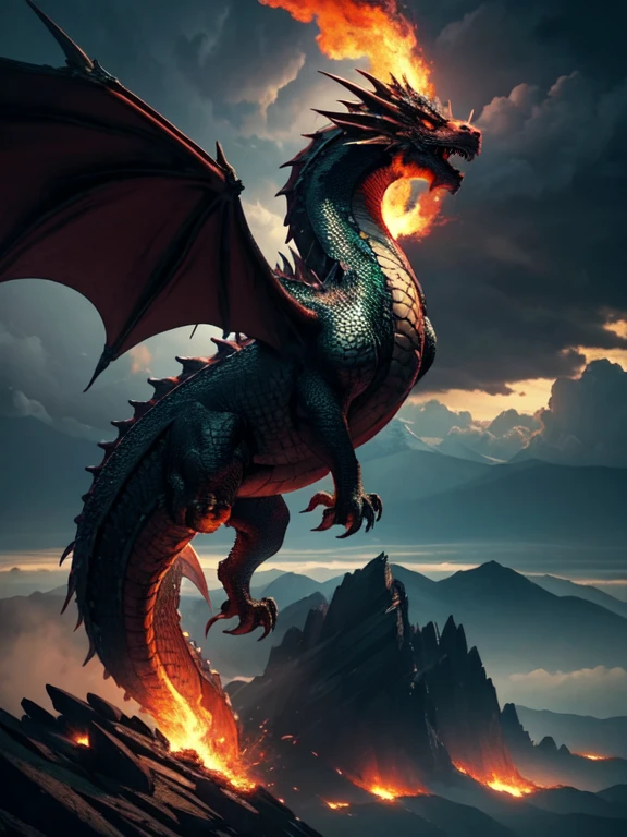 a majestic and fearsome dragon breathing fire. The dragon has scales and wings, and is captured in the act of breathing fire, either in a mythical landscape or soaring in the sky. The setting complements the dragon's grandeur, with a rugged mountain landscape or a dramatic sky. The landscape or sky should enhance the dramatic effect of the dragon, with elements like craggy mountains or billowing clouds. The fiery breath is vivid and intense, contrasting with the dragon's scales and the background, and the lighting emphasizes the drama of the fire. The style is a blend of fantasy and realism, focusing on the powerful form of the dragon and the dynamic action of breathing fire