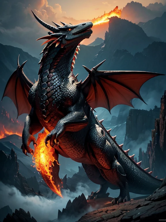 a majestic and fearsome dragon breathing fire. The dragon has scales and wings, and is captured in the act of breathing fire, either in a mythical landscape or soaring in the sky. The setting complements the dragon's grandeur, with a rugged mountain landscape or a dramatic sky. The landscape or sky should enhance the dramatic effect of the dragon, with elements like craggy mountains or billowing clouds. The fiery breath is vivid and intense, contrasting with the dragon's scales and the background, and the lighting emphasizes the drama of the fire. The style is a blend of fantasy and realism, focusing on the powerful form of the dragon and the dynamic action of breathing fire