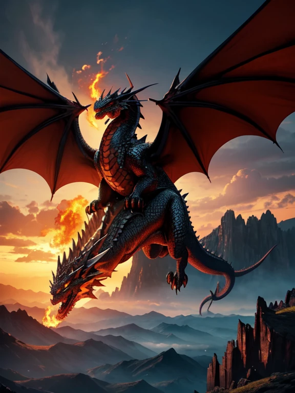 a majestic and fearsome dragon breathing fire. The dragon has scales and wings, and is captured in the act of breathing fire, either in a mythical landscape or soaring in the sky. The setting complements the dragon's grandeur, with a rugged mountain landscape or a dramatic sky. The landscape or sky should enhance the dramatic effect of the dragon, with elements like craggy mountains or billowing clouds. The fiery breath is vivid and intense, contrasting with the dragon's scales and the background, and the lighting emphasizes the drama of the fire. The style is a blend of fantasy and realism, focusing on the powerful form of the dragon and the dynamic action of breathing fire